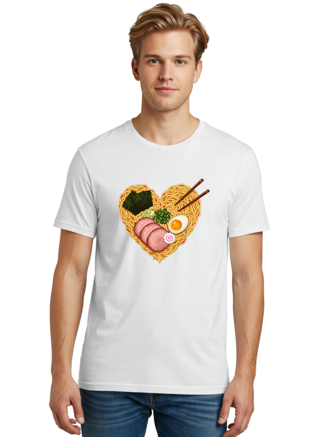 Ramen-Noodles Men'S Graphic Tee, 100% Cotton, Comfortable Casual Summer Wear, Machine Washable, Ramen Noodles, Sliced Meat, Boiled Egg, Seaweed, Green Onions, Fish Cake, Japanese Cuisine, Noodle Soup, Chopsticks, Food Art, Culinary Creativity, Bae724