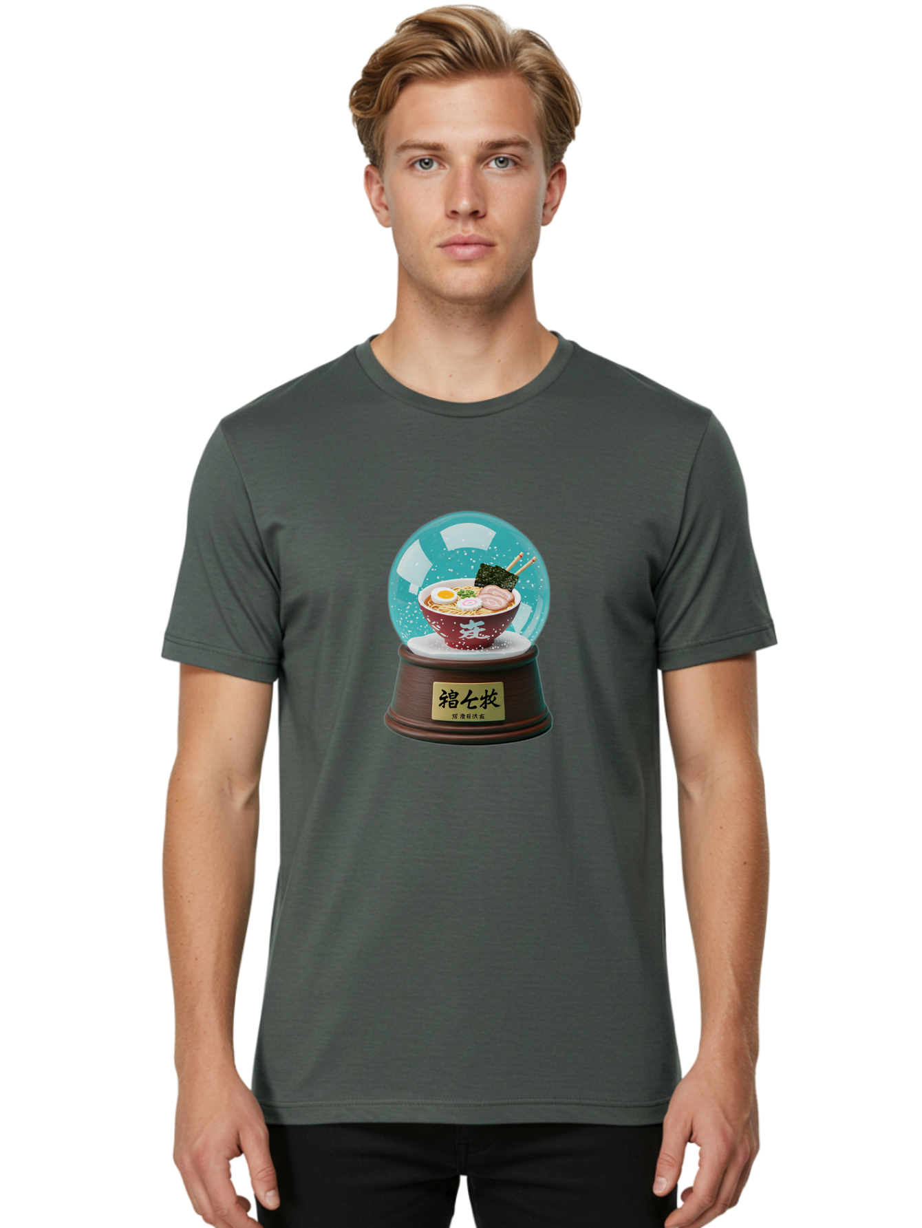 Ramen-Snow-Globe Men'S Graphic Tee, 100% Cotton, Comfortable Casual Summer Wear, Machine Washable, Ramen In A Snow Globe, Japanese Cuisine, Noodle Soup, Egg, Pork Slices, Seaweed, Chopsticks, Kanji Characters, Miniature Food, Winter Scene, Bae725