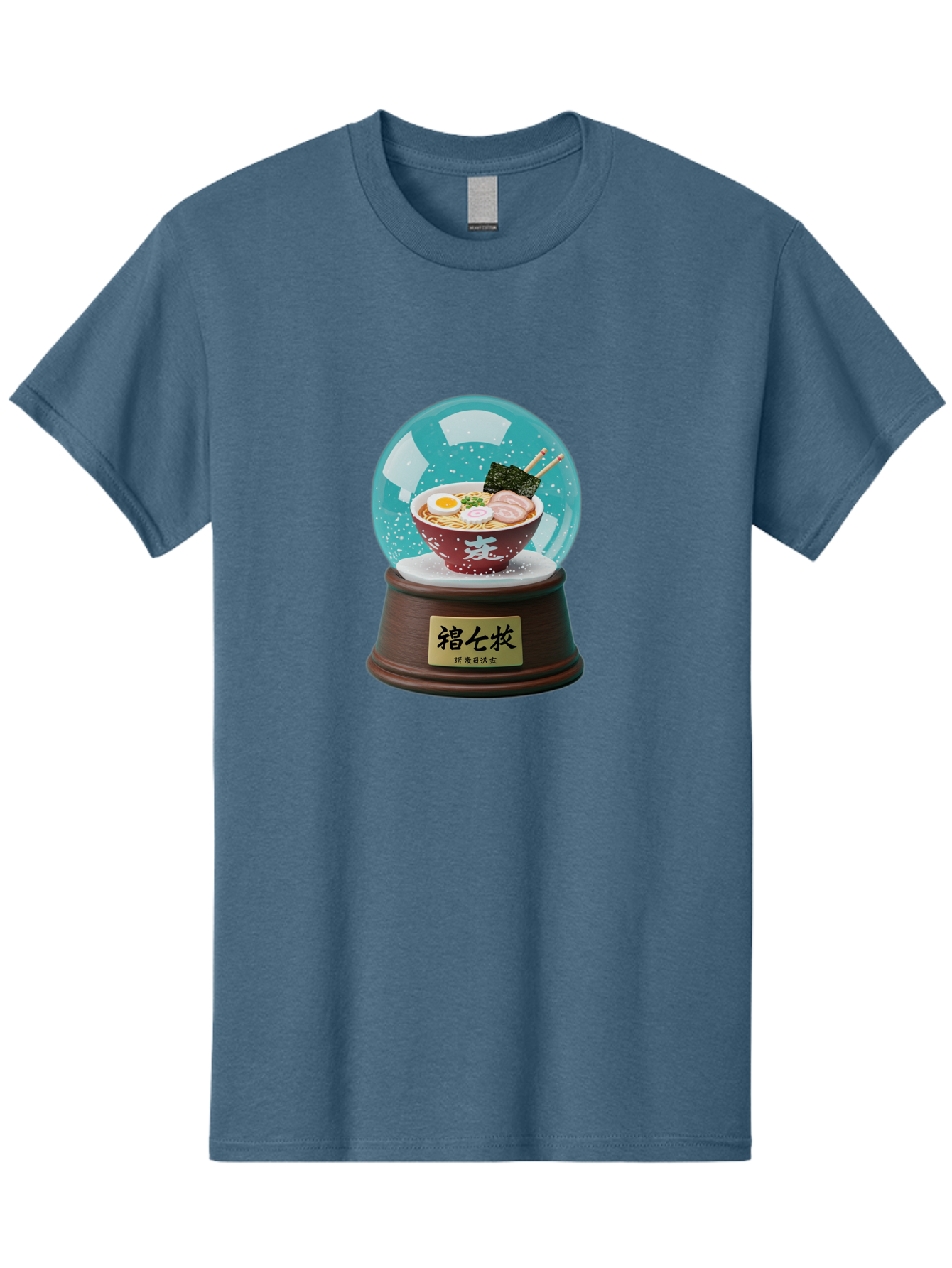 Ramen-Snow-Globe Men'S Graphic Tee, 100% Cotton, Comfortable Casual Summer Wear, Machine Washable, Ramen In A Snow Globe, Japanese Cuisine, Noodle Soup, Egg, Pork Slices, Seaweed, Chopsticks, Kanji Characters, Miniature Food, Winter Scene, Bae725