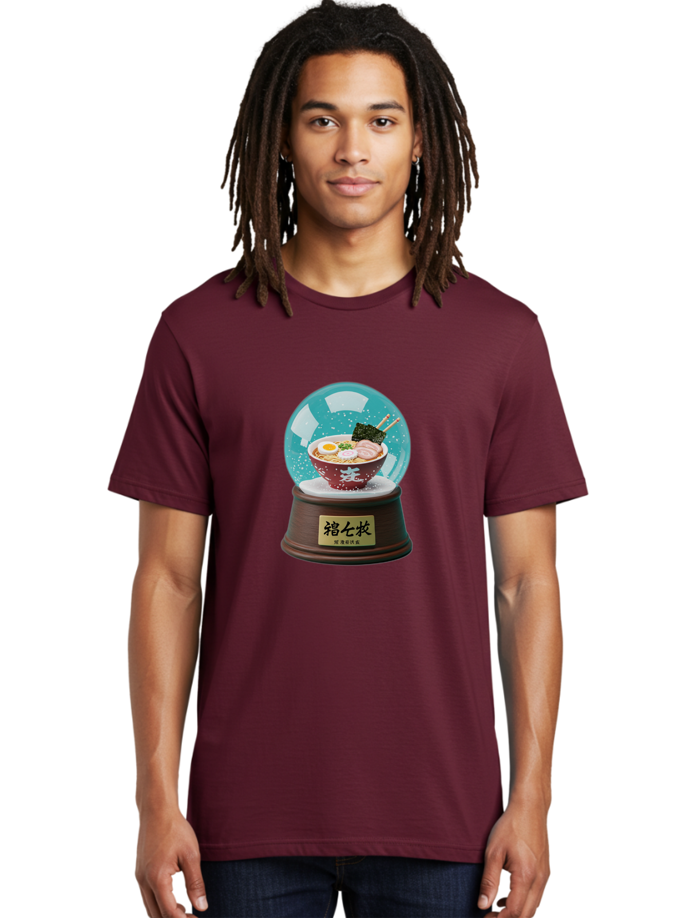 Ramen-Snow-Globe Men'S Graphic Tee, 100% Cotton, Comfortable Casual Summer Wear, Machine Washable, Ramen In A Snow Globe, Japanese Cuisine, Noodle Soup, Egg, Pork Slices, Seaweed, Chopsticks, Kanji Characters, Miniature Food, Winter Scene, Bae725
