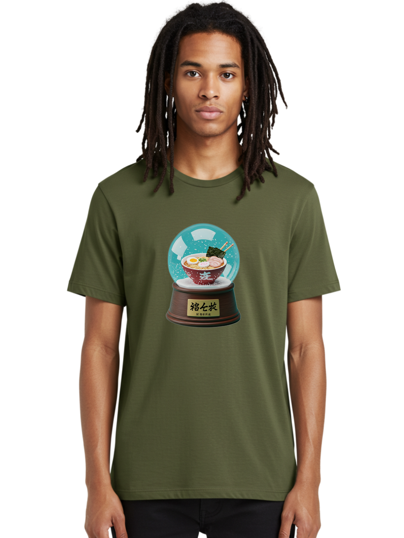 Ramen-Snow-Globe Men'S Graphic Tee, 100% Cotton, Comfortable Casual Summer Wear, Machine Washable, Ramen In A Snow Globe, Japanese Cuisine, Noodle Soup, Egg, Pork Slices, Seaweed, Chopsticks, Kanji Characters, Miniature Food, Winter Scene, Bae725