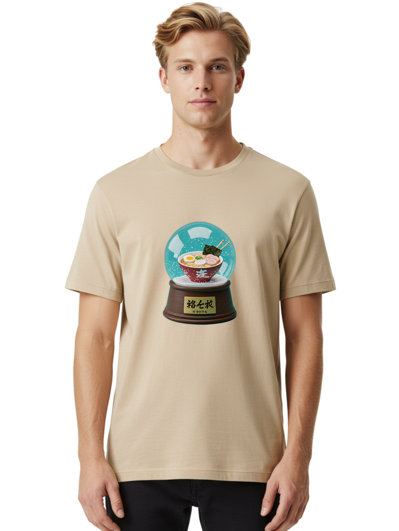 Ramen-Snow-Globe Men'S Graphic Tee, 100% Cotton, Comfortable Casual Summer Wear, Machine Washable, Ramen In A Snow Globe, Japanese Cuisine, Noodle Soup, Egg, Pork Slices, Seaweed, Chopsticks, Kanji Characters, Miniature Food, Winter Scene, Bae725
