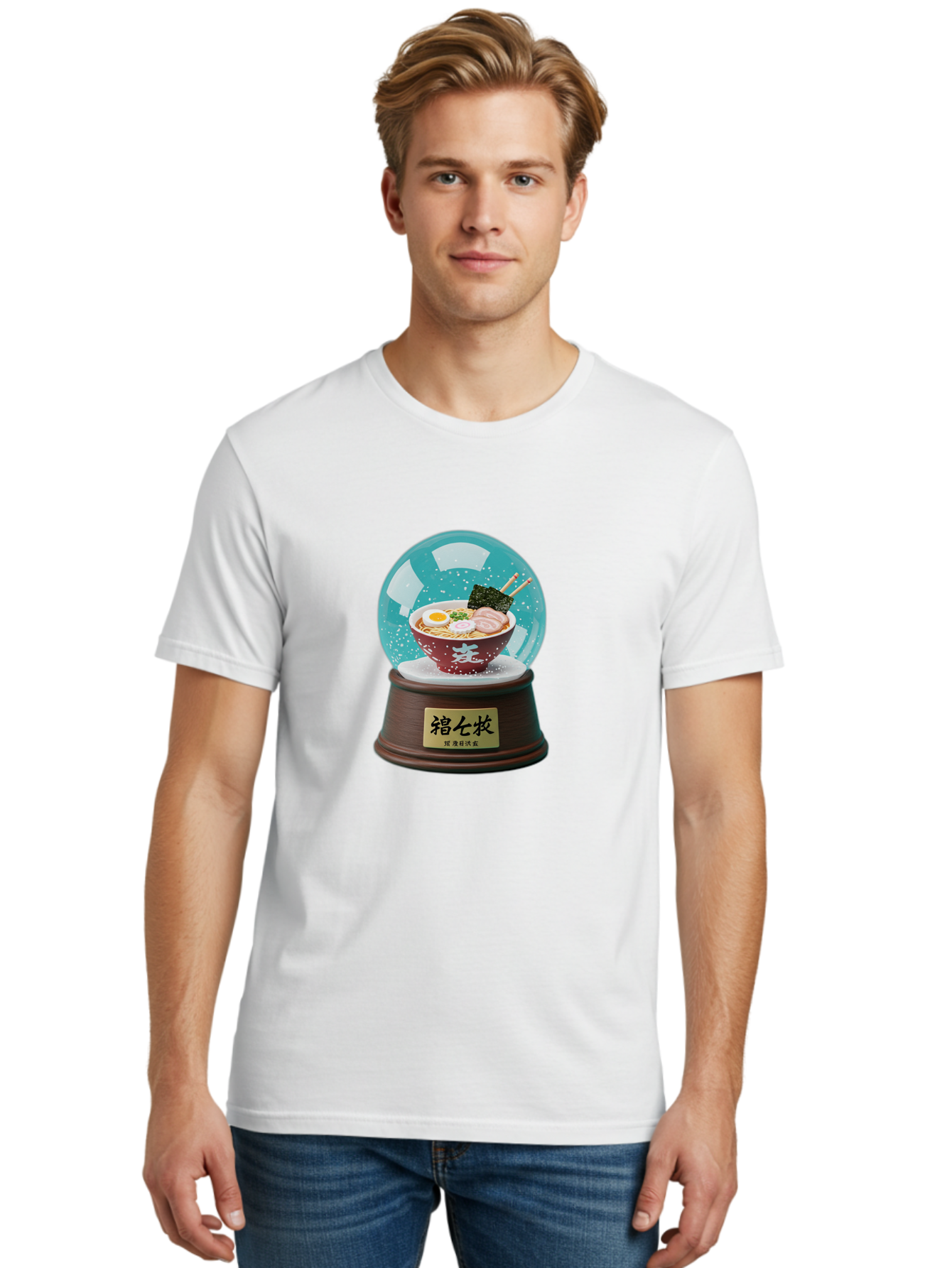 Ramen-Snow-Globe Men'S Graphic Tee, 100% Cotton, Comfortable Casual Summer Wear, Machine Washable, Ramen In A Snow Globe, Japanese Cuisine, Noodle Soup, Egg, Pork Slices, Seaweed, Chopsticks, Kanji Characters, Miniature Food, Winter Scene, Bae725