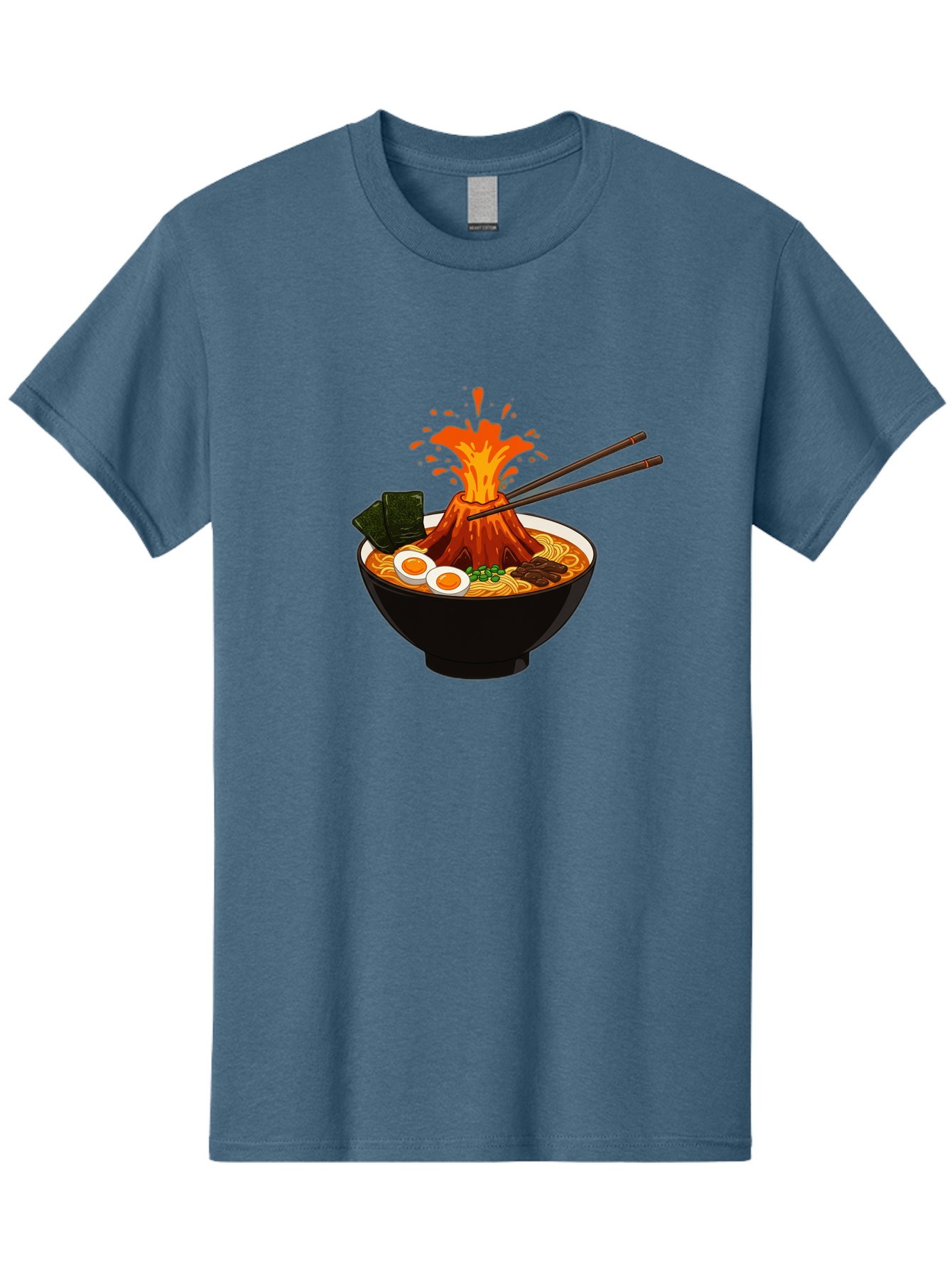 Ramen-Volcano Men'S Graphic Tee, 100% Cotton, Comfortable Casual Summer Wear, Machine Washable, Bowl Of Ramen, Steaming Hot Noodles, Spicy Soup, Boiled Egg, Seaweed, Chopsticks, Fiery Volcano, Japanese Cuisine, Savory Flavors, Delicious Meal, Bae726