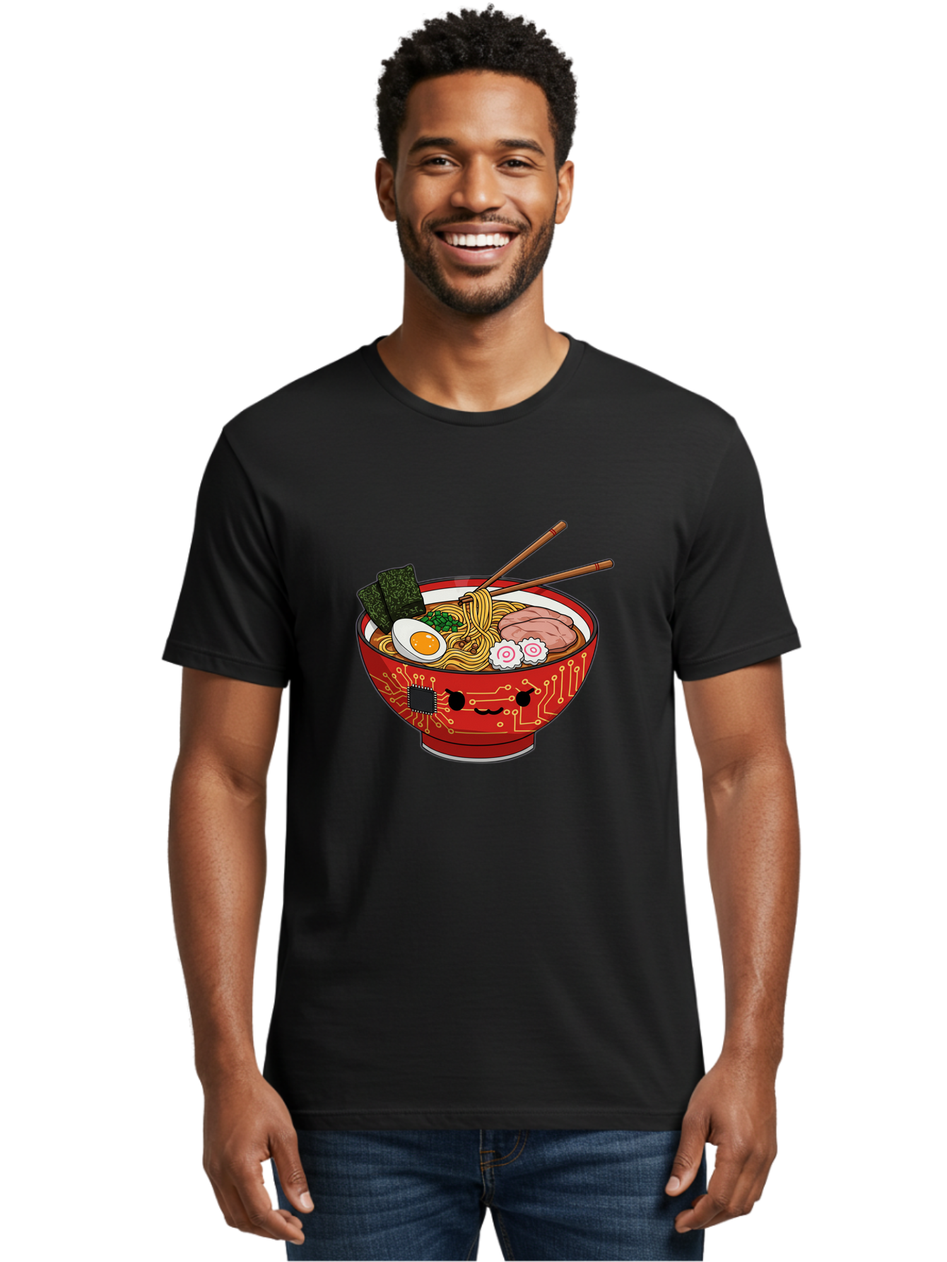 Ramen-With-Circuitry Men'S Graphic Tee, 100% Cotton, Comfortable Casual Summer Wear, Machine Washable, Ramen Bowl, Robot Face, Circuit Board Design, Chopsticks, Boiled Egg, Seaweed, Pork Slices, Narutomaki, Japanese Cuisine, Tech Meets Food, Bae727