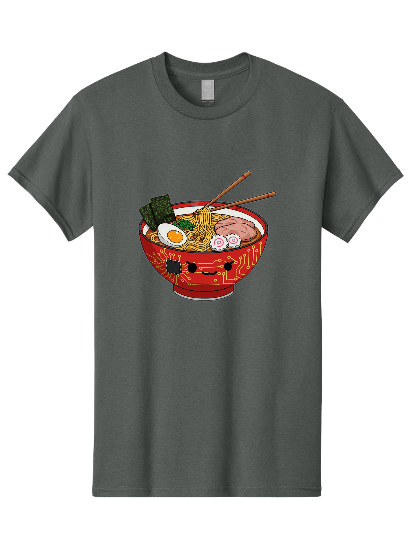 Ramen-With-Circuitry Men'S Graphic Tee, 100% Cotton, Comfortable Casual Summer Wear, Machine Washable, Ramen Bowl, Robot Face, Circuit Board Design, Chopsticks, Boiled Egg, Seaweed, Pork Slices, Narutomaki, Japanese Cuisine, Tech Meets Food, Bae727