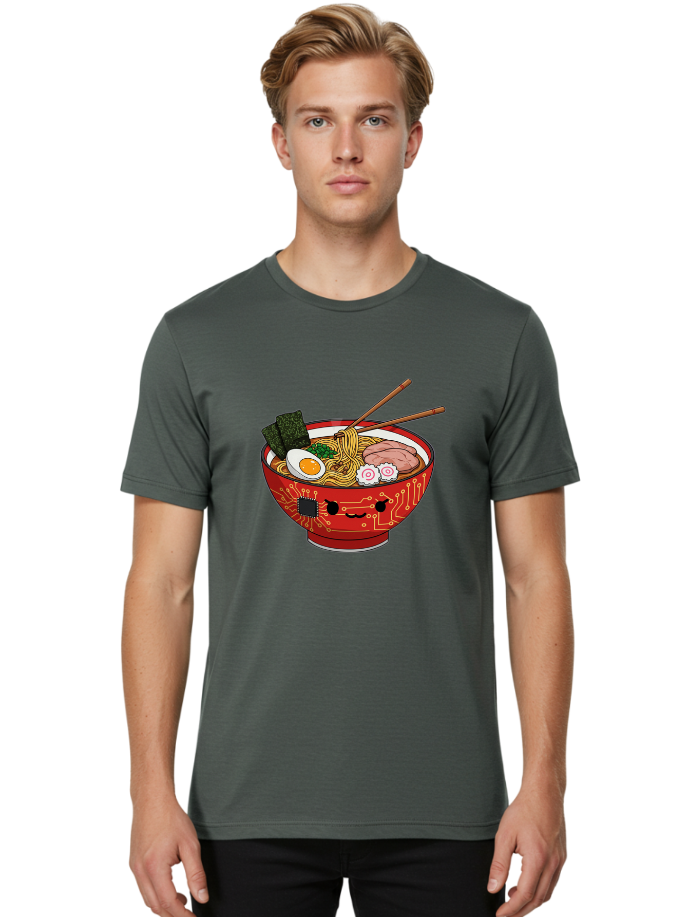 Ramen-With-Circuitry Men'S Graphic Tee, 100% Cotton, Comfortable Casual Summer Wear, Machine Washable, Ramen Bowl, Robot Face, Circuit Board Design, Chopsticks, Boiled Egg, Seaweed, Pork Slices, Narutomaki, Japanese Cuisine, Tech Meets Food, Bae727