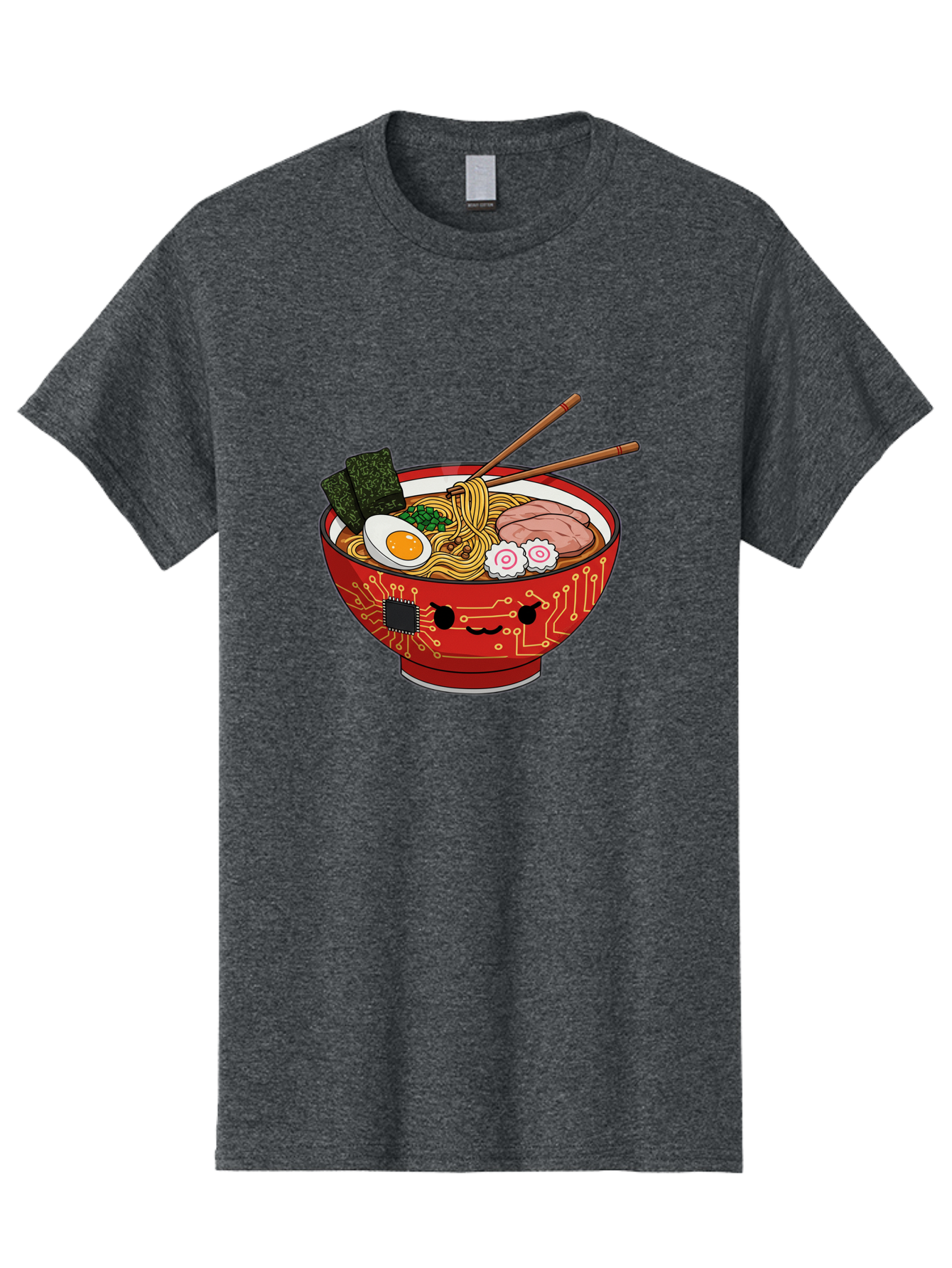 Ramen-With-Circuitry Men'S Graphic Tee, 100% Cotton, Comfortable Casual Summer Wear, Machine Washable, Ramen Bowl, Robot Face, Circuit Board Design, Chopsticks, Boiled Egg, Seaweed, Pork Slices, Narutomaki, Japanese Cuisine, Tech Meets Food, Bae727
