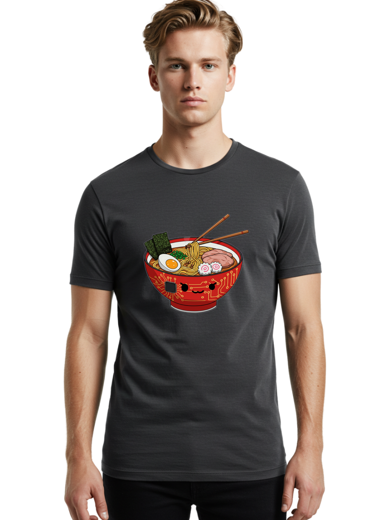 Ramen-With-Circuitry Men'S Graphic Tee, 100% Cotton, Comfortable Casual Summer Wear, Machine Washable, Ramen Bowl, Robot Face, Circuit Board Design, Chopsticks, Boiled Egg, Seaweed, Pork Slices, Narutomaki, Japanese Cuisine, Tech Meets Food, Bae727