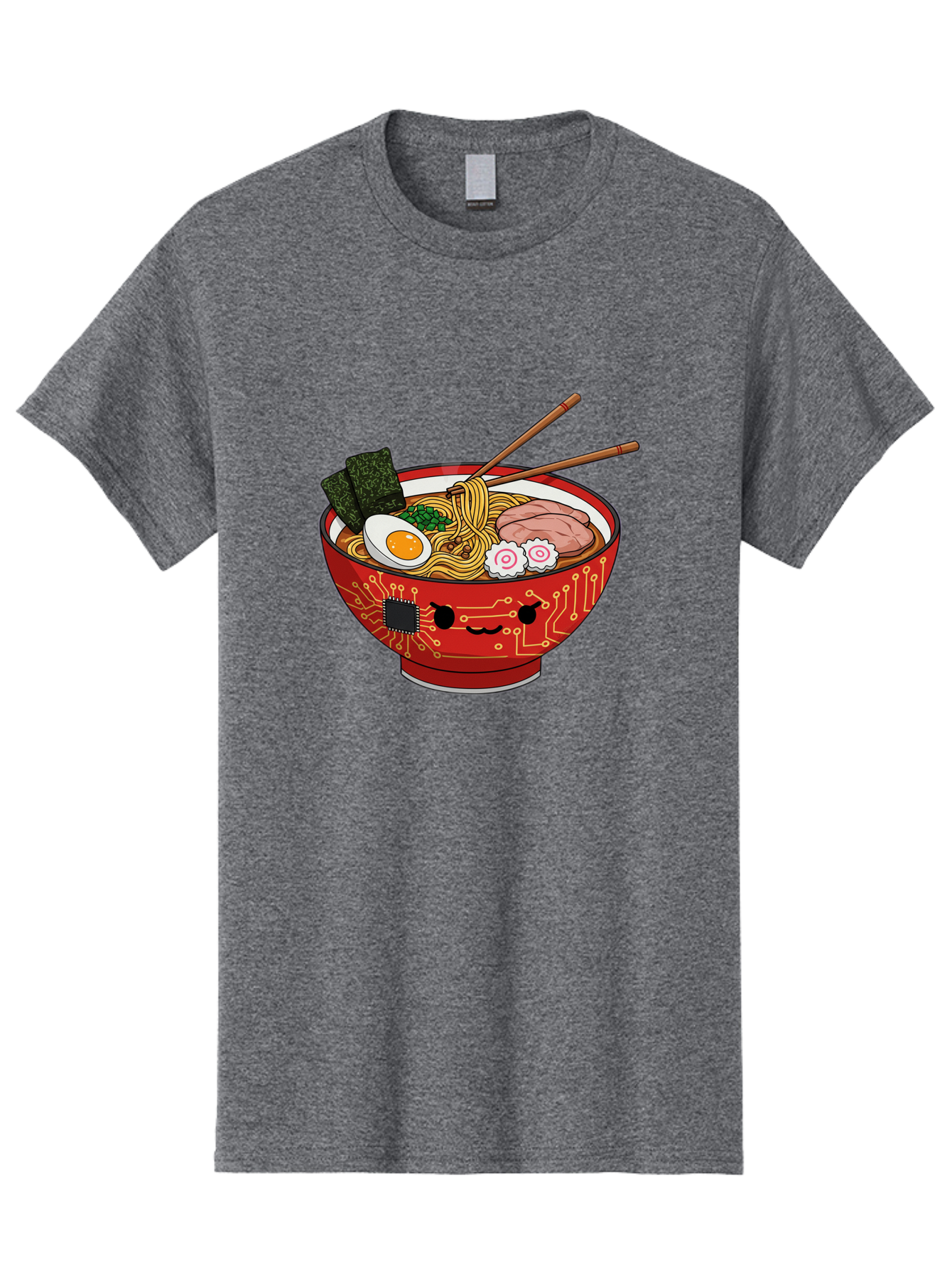 Ramen-With-Circuitry Men'S Graphic Tee, 100% Cotton, Comfortable Casual Summer Wear, Machine Washable, Ramen Bowl, Robot Face, Circuit Board Design, Chopsticks, Boiled Egg, Seaweed, Pork Slices, Narutomaki, Japanese Cuisine, Tech Meets Food, Bae727