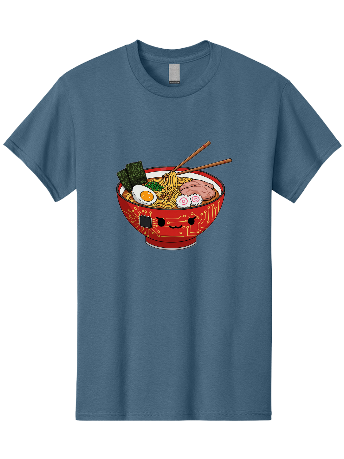 Ramen-With-Circuitry Men'S Graphic Tee, 100% Cotton, Comfortable Casual Summer Wear, Machine Washable, Ramen Bowl, Robot Face, Circuit Board Design, Chopsticks, Boiled Egg, Seaweed, Pork Slices, Narutomaki, Japanese Cuisine, Tech Meets Food, Bae727