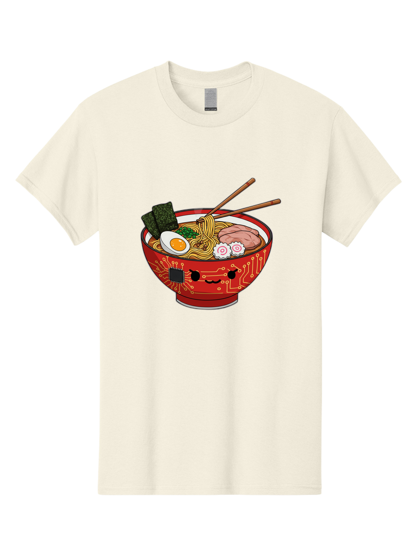 Ramen-With-Circuitry Men'S Graphic Tee, 100% Cotton, Comfortable Casual Summer Wear, Machine Washable, Ramen Bowl, Robot Face, Circuit Board Design, Chopsticks, Boiled Egg, Seaweed, Pork Slices, Narutomaki, Japanese Cuisine, Tech Meets Food, Bae727