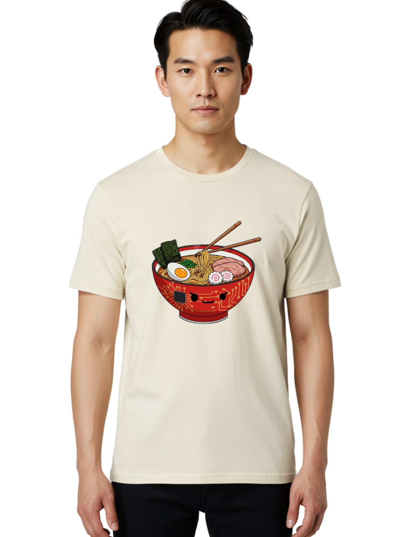 Ramen-With-Circuitry Men'S Graphic Tee, 100% Cotton, Comfortable Casual Summer Wear, Machine Washable, Ramen Bowl, Robot Face, Circuit Board Design, Chopsticks, Boiled Egg, Seaweed, Pork Slices, Narutomaki, Japanese Cuisine, Tech Meets Food, Bae727