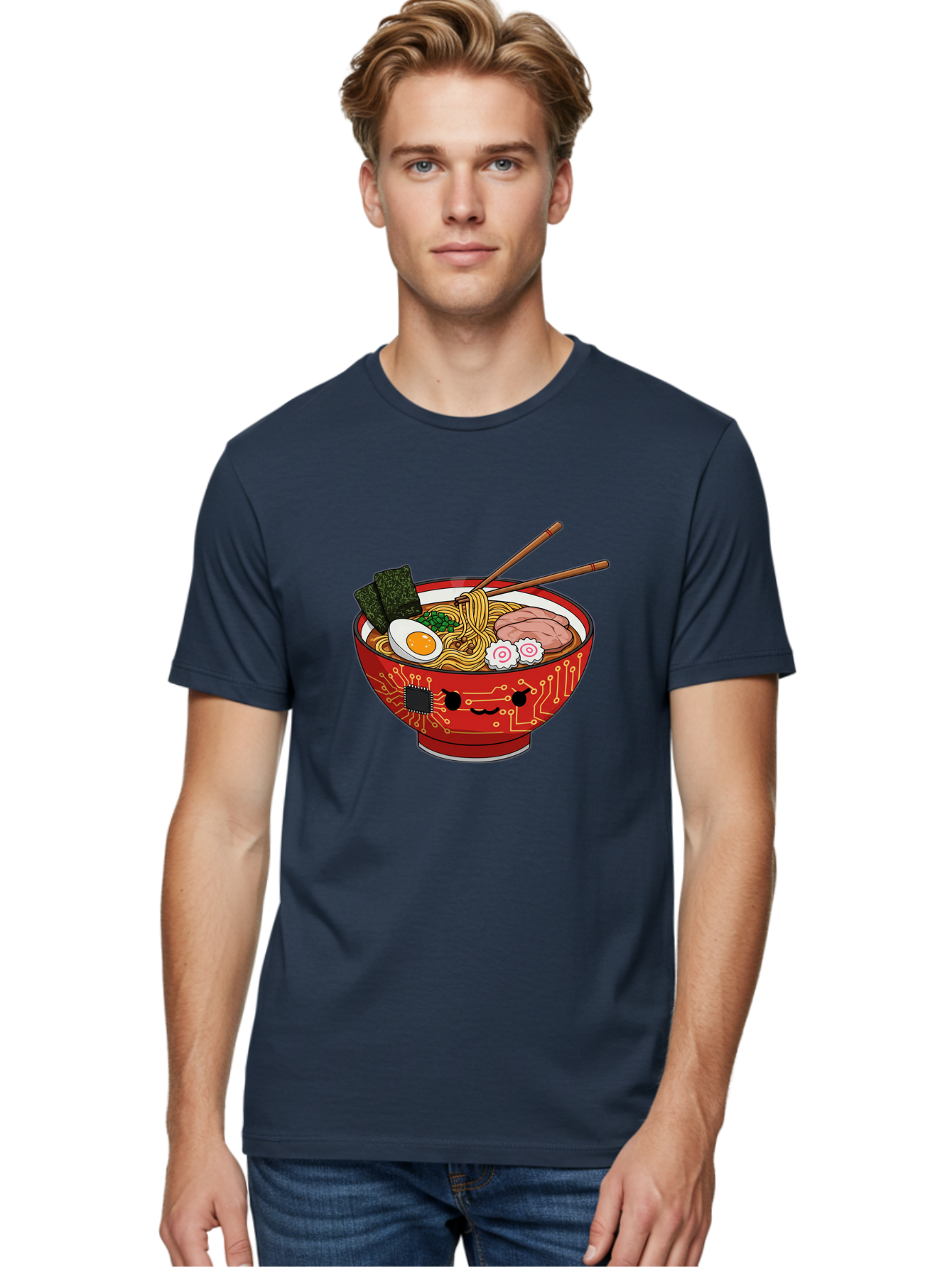 Ramen-With-Circuitry Men'S Graphic Tee, 100% Cotton, Comfortable Casual Summer Wear, Machine Washable, Ramen Bowl, Robot Face, Circuit Board Design, Chopsticks, Boiled Egg, Seaweed, Pork Slices, Narutomaki, Japanese Cuisine, Tech Meets Food, Bae727