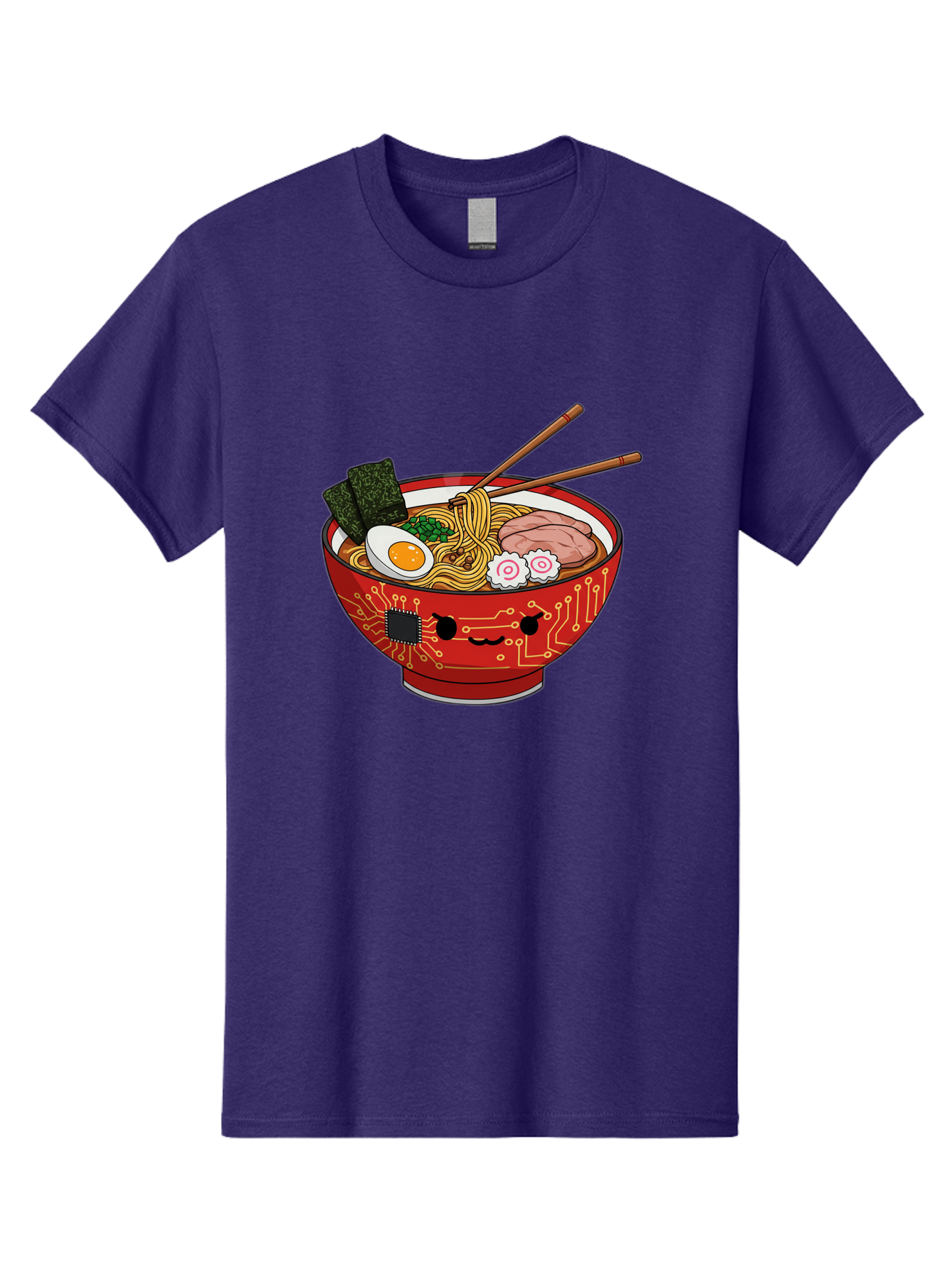 Ramen-With-Circuitry Men'S Graphic Tee, 100% Cotton, Comfortable Casual Summer Wear, Machine Washable, Ramen Bowl, Robot Face, Circuit Board Design, Chopsticks, Boiled Egg, Seaweed, Pork Slices, Narutomaki, Japanese Cuisine, Tech Meets Food, Bae727