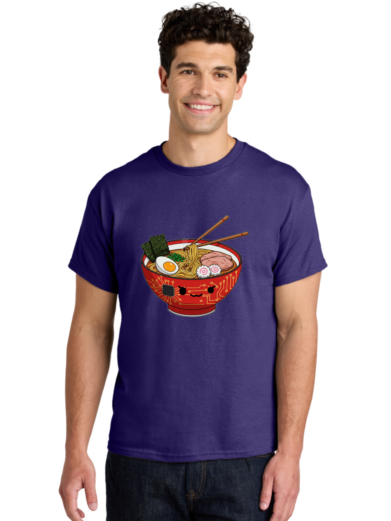 Ramen-With-Circuitry Men'S Graphic Tee, 100% Cotton, Comfortable Casual Summer Wear, Machine Washable, Ramen Bowl, Robot Face, Circuit Board Design, Chopsticks, Boiled Egg, Seaweed, Pork Slices, Narutomaki, Japanese Cuisine, Tech Meets Food, Bae727