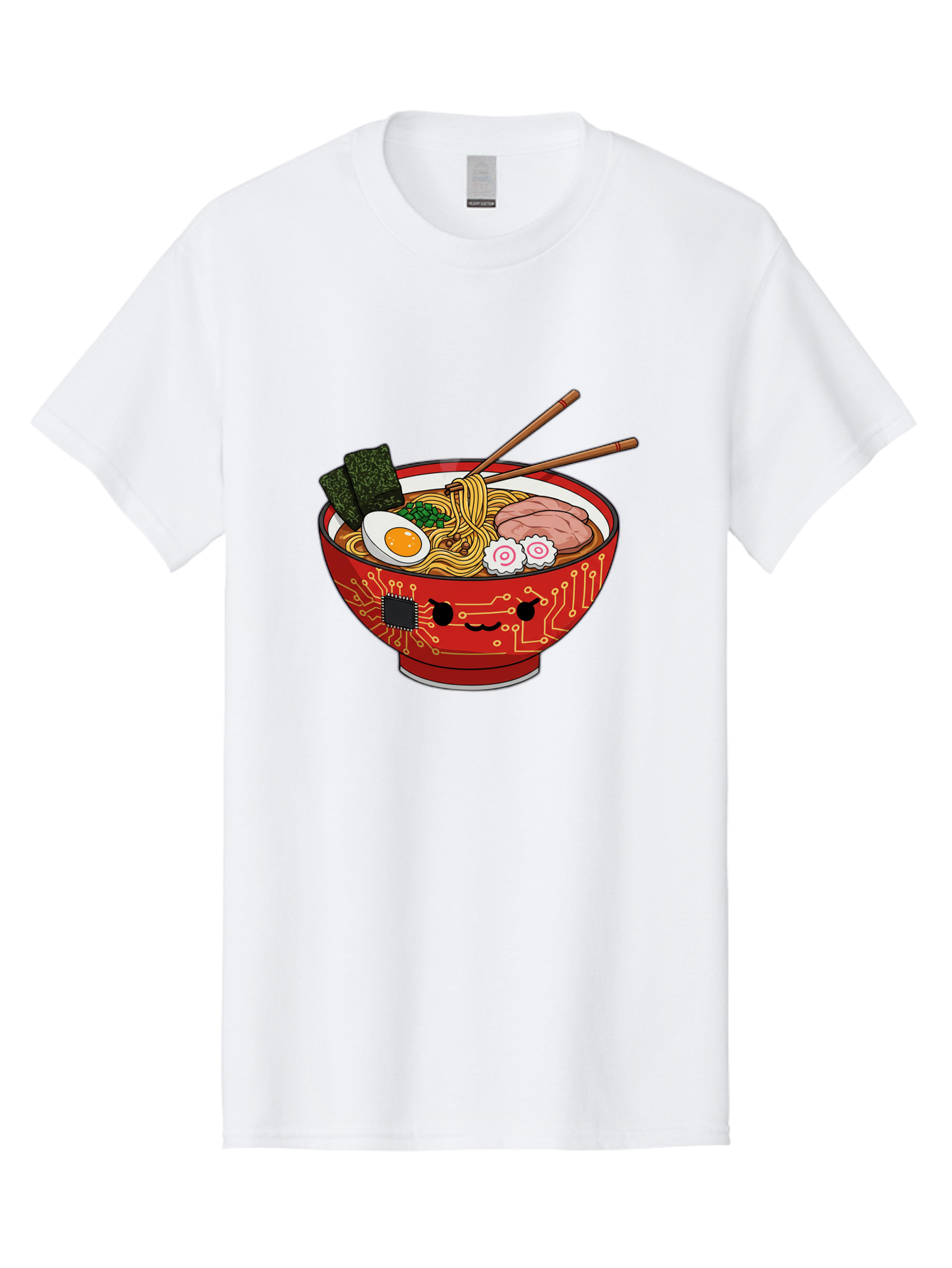 Ramen-With-Circuitry Men'S Graphic Tee, 100% Cotton, Comfortable Casual Summer Wear, Machine Washable, Ramen Bowl, Robot Face, Circuit Board Design, Chopsticks, Boiled Egg, Seaweed, Pork Slices, Narutomaki, Japanese Cuisine, Tech Meets Food, Bae727