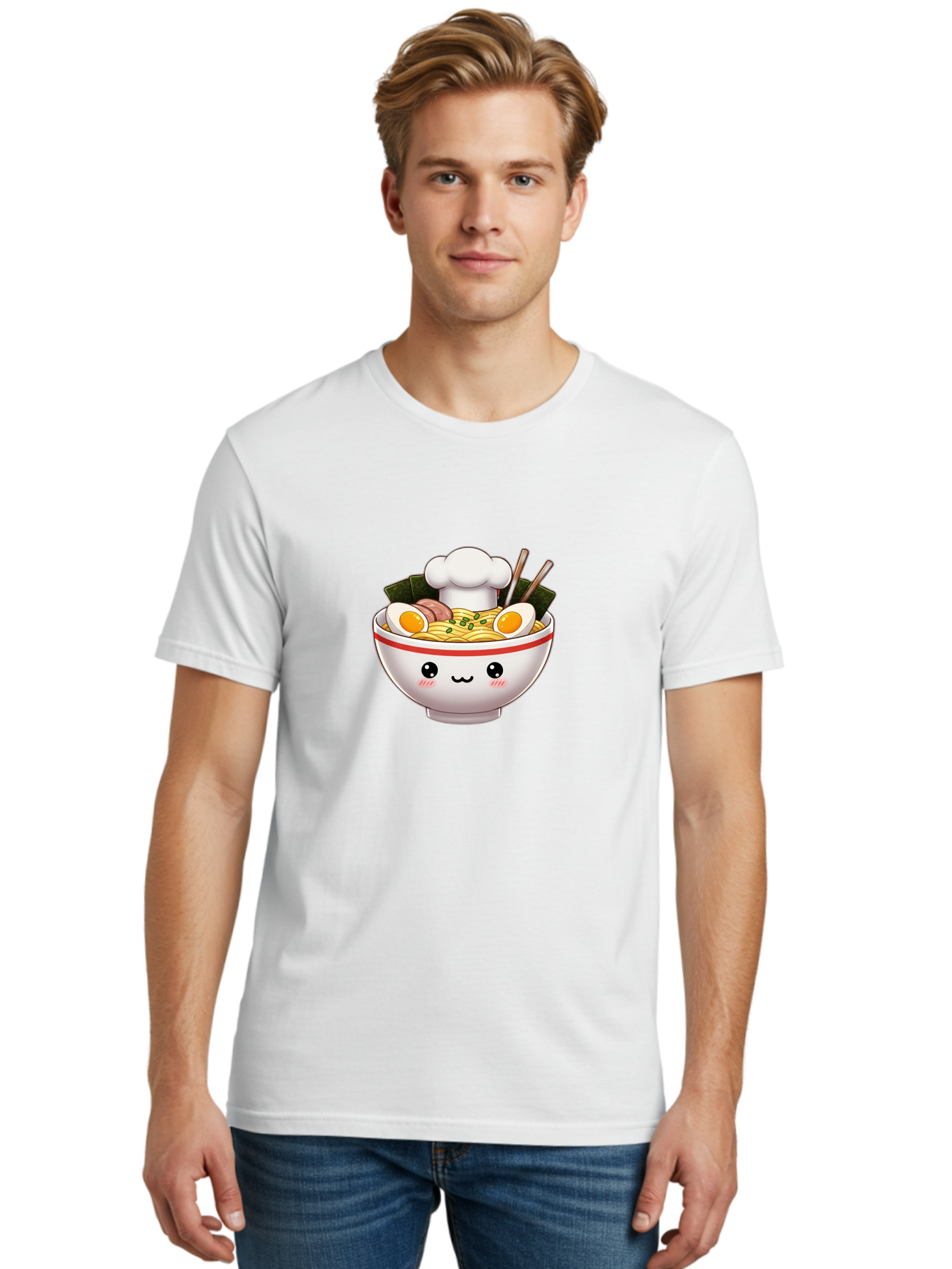 Ramen Men'S Graphic Tee, 100% Cotton, Comfortable Casual Summer Wear, Machine Washable, Cartoon Ramen Bowl, Anime Style Food, Kawaii Character, Delicious Noodles, Boiled Egg, Chopsticks, Savory Meat, Cute Illustration, Japanese Cuisine, Bae728