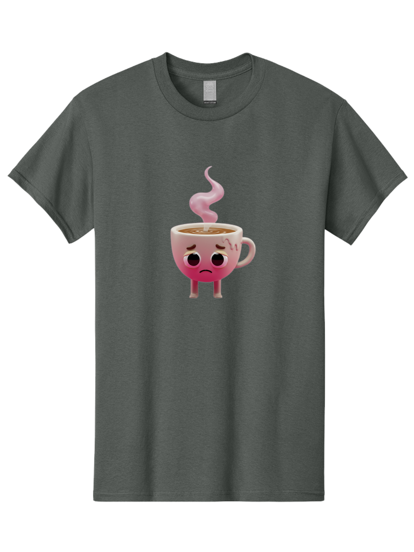Sad-Coffee-Cup-1 Men'S Graphic Tee, 100% Cotton, Comfortable Casual Summer Wear, Machine Washable, Cartoon Coffee Cup With Face, Coffee In The Cup, Steaming Hot Beverage, Sad Face Expression, Pink Gradient Color, Quirky Character Design, Bae730