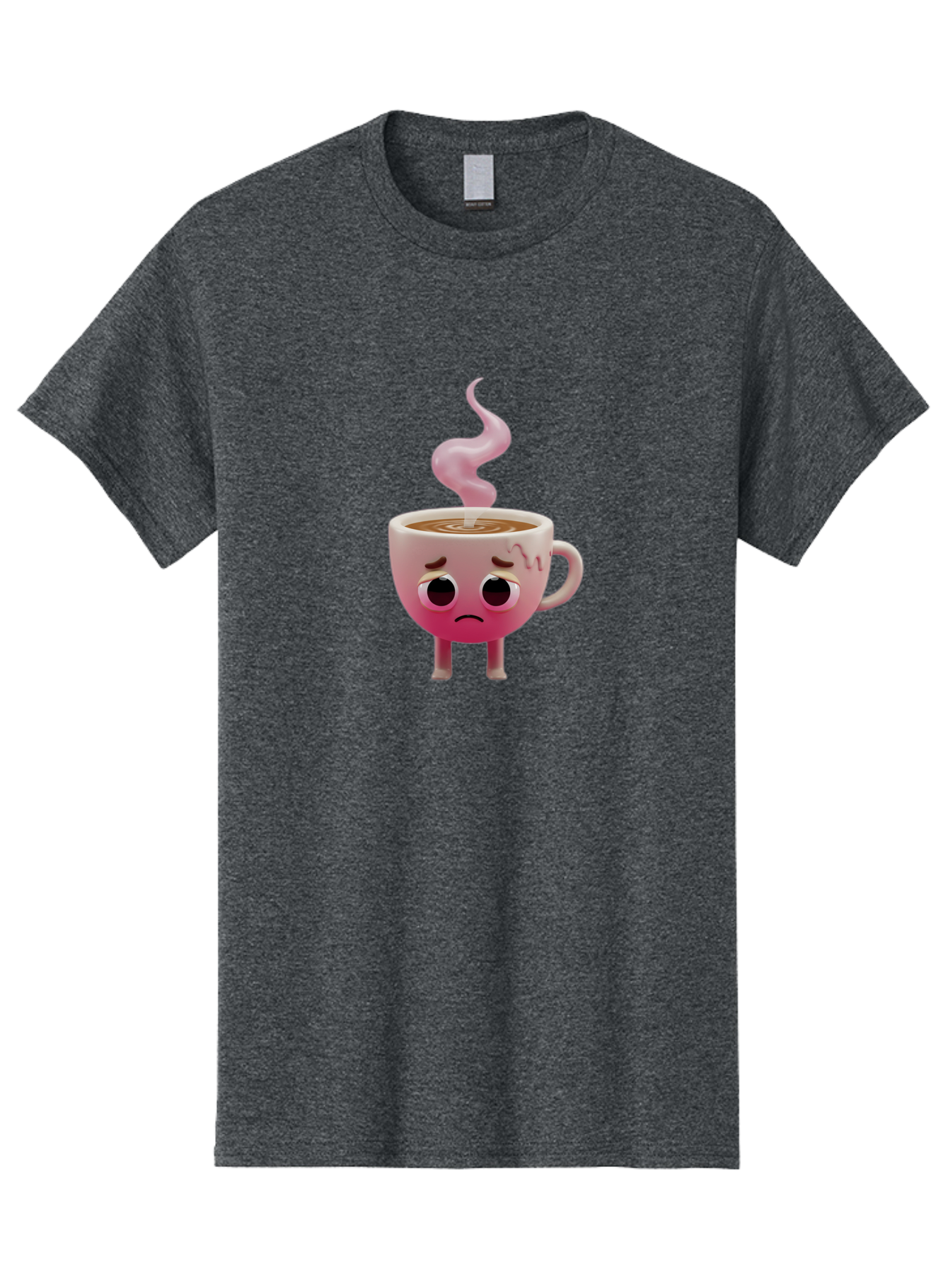 Sad-Coffee-Cup-1 Men'S Graphic Tee, 100% Cotton, Comfortable Casual Summer Wear, Machine Washable, Cartoon Coffee Cup With Face, Coffee In The Cup, Steaming Hot Beverage, Sad Face Expression, Pink Gradient Color, Quirky Character Design, Bae730