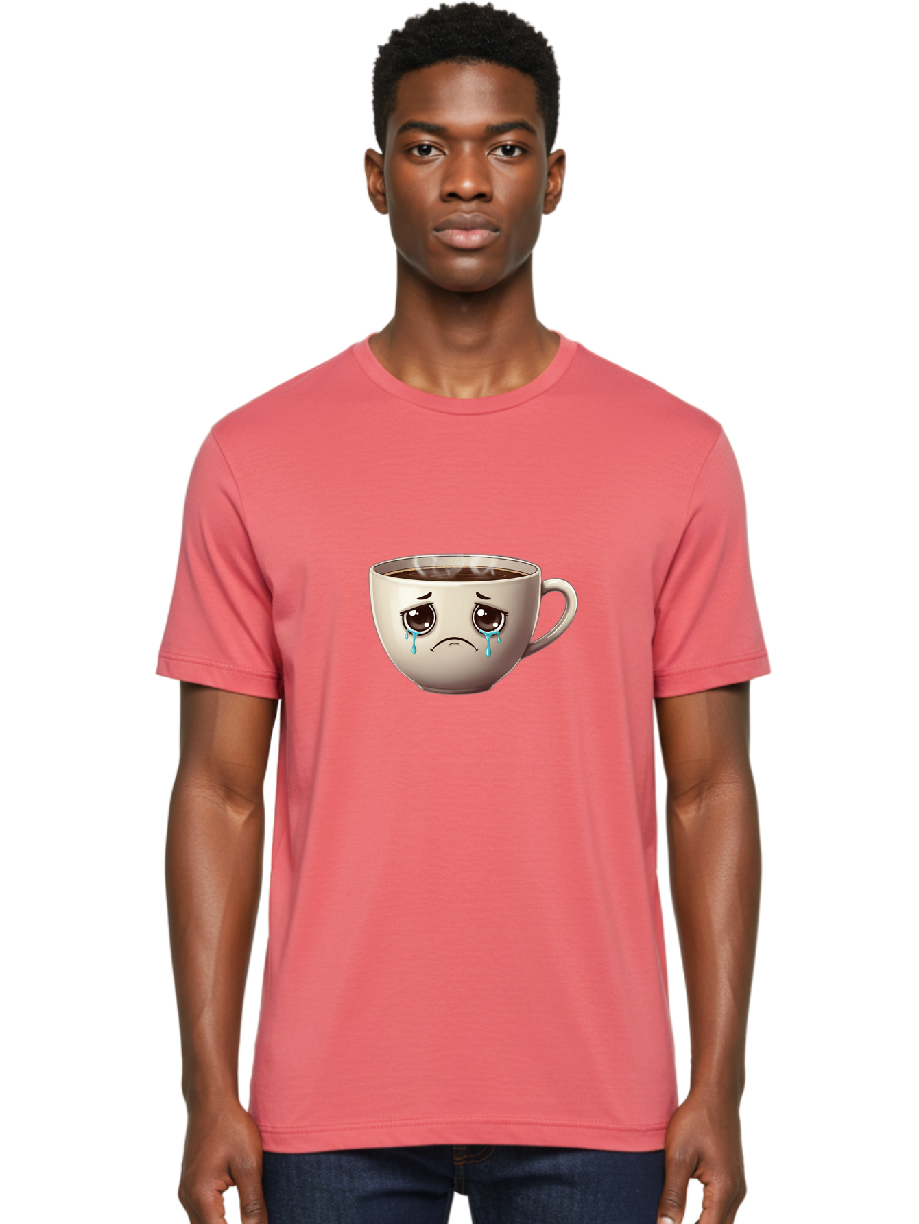 Sad-Coffee-Cup-2 Men'S Graphic Tee, 100% Cotton, Comfortable Casual Summer Wear, Machine Washable, Unhappy Coffee Cup, Sad Face, Crying Emoji, Steaming Hot Coffee, Frowning Face, Emotional Beverage, Coffee Lover'S Distress, Tearful Coffee Cup Bae731