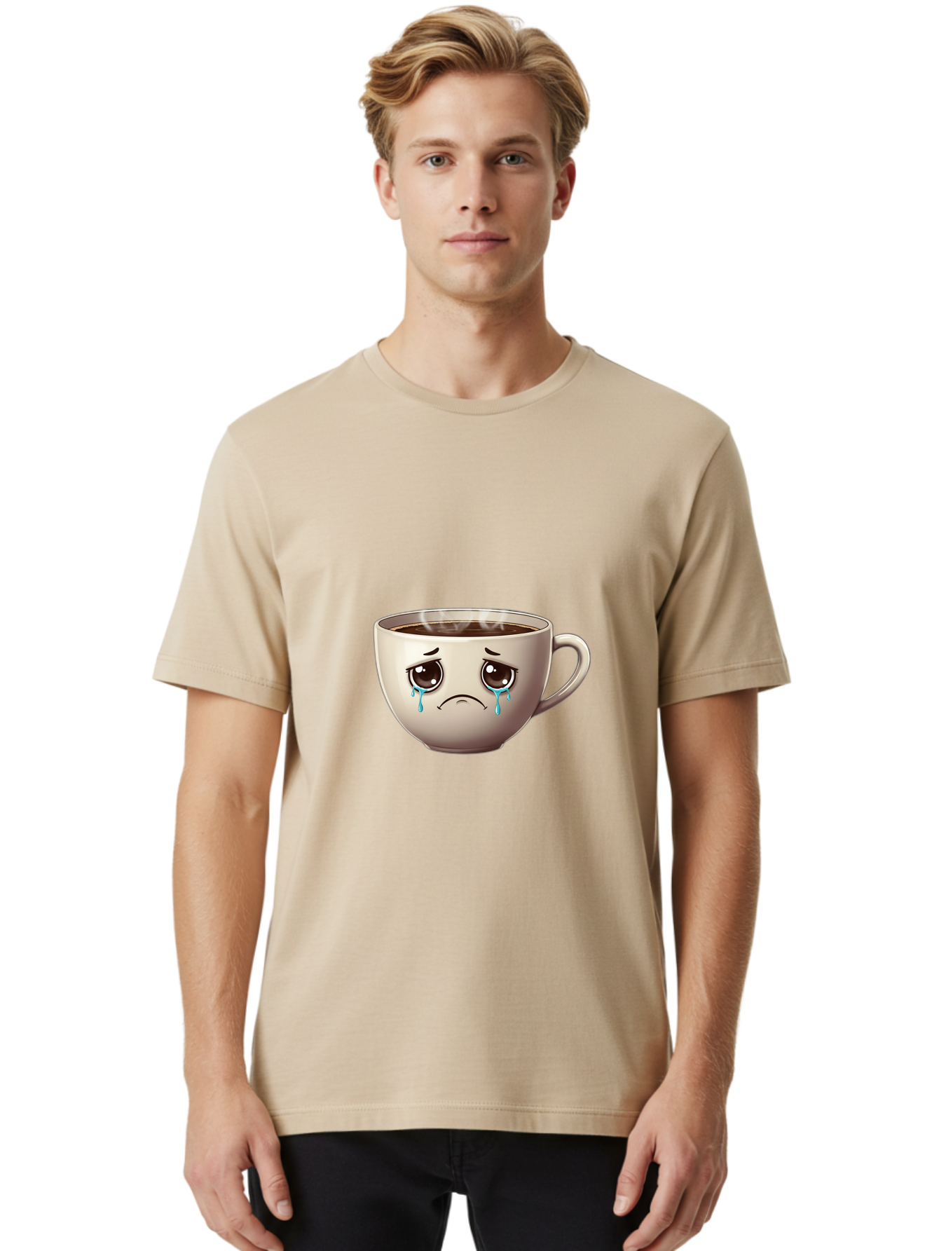 Sad-Coffee-Cup-2 Men'S Graphic Tee, 100% Cotton, Comfortable Casual Summer Wear, Machine Washable, Unhappy Coffee Cup, Sad Face, Crying Emoji, Steaming Hot Coffee, Frowning Face, Emotional Beverage, Coffee Lover'S Distress, Tearful Coffee Cup Bae731