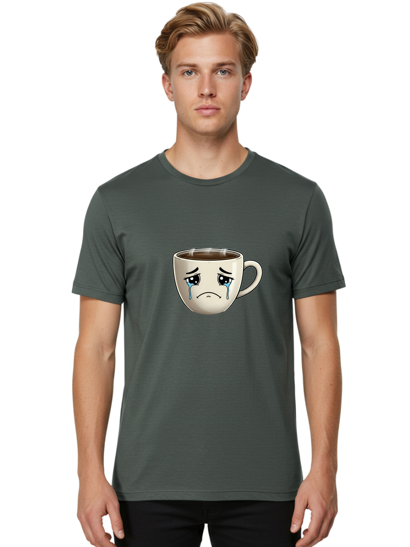 Sad-Coffee-Cup Men'S Graphic Tee, 100% Cotton, Comfortable Casual Summer Wear, Machine Washable, Sad Coffee Cup, Crying Face, Dark Coffee, Steaming Hot, Emotional Expression, Coffee Culture, Sad Face Cartoon, Morning Coffee, Coffee Break Bae733