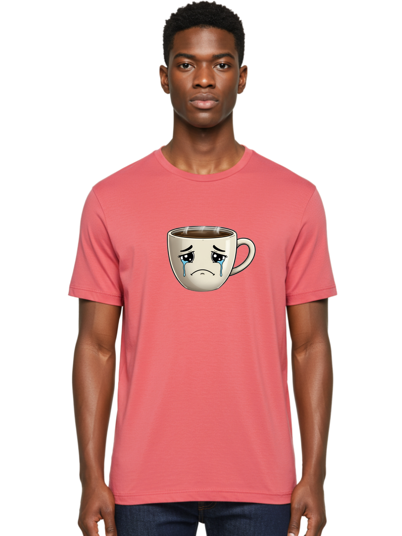Sad-Coffee-Cup Men'S Graphic Tee, 100% Cotton, Comfortable Casual Summer Wear, Machine Washable, Sad Coffee Cup, Crying Face, Dark Coffee, Steaming Hot, Emotional Expression, Coffee Culture, Sad Face Cartoon, Morning Coffee, Coffee Break Bae733