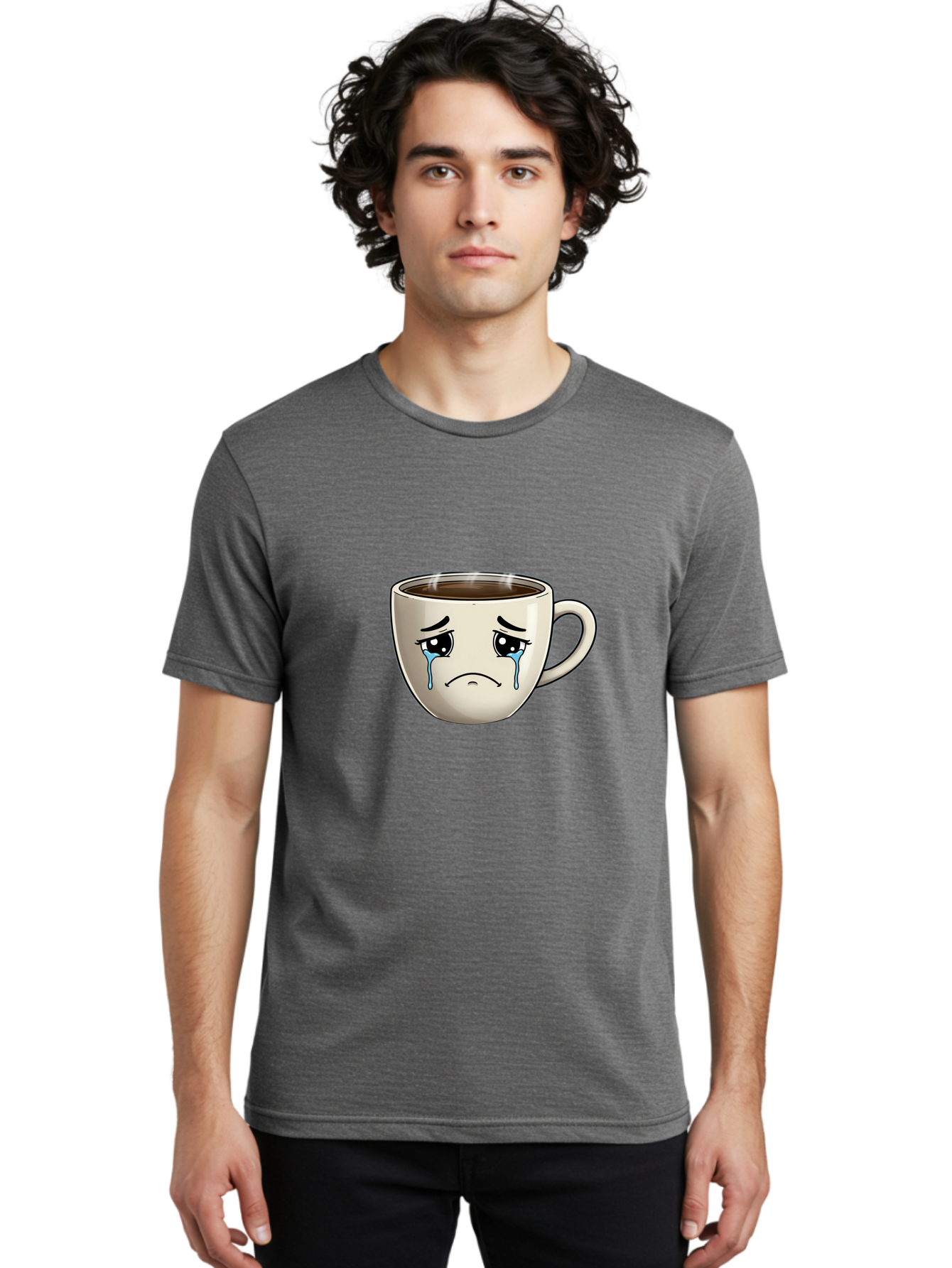 Sad-Coffee-Cup Men'S Graphic Tee, 100% Cotton, Comfortable Casual Summer Wear, Machine Washable, Sad Coffee Cup, Crying Face, Dark Coffee, Steaming Hot, Emotional Expression, Coffee Culture, Sad Face Cartoon, Morning Coffee, Coffee Break Bae733