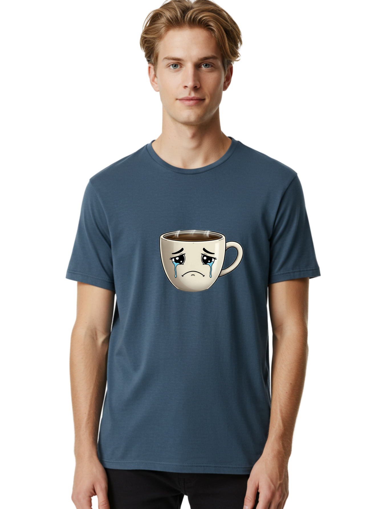 Sad-Coffee-Cup Men'S Graphic Tee, 100% Cotton, Comfortable Casual Summer Wear, Machine Washable, Sad Coffee Cup, Crying Face, Dark Coffee, Steaming Hot, Emotional Expression, Coffee Culture, Sad Face Cartoon, Morning Coffee, Coffee Break Bae733