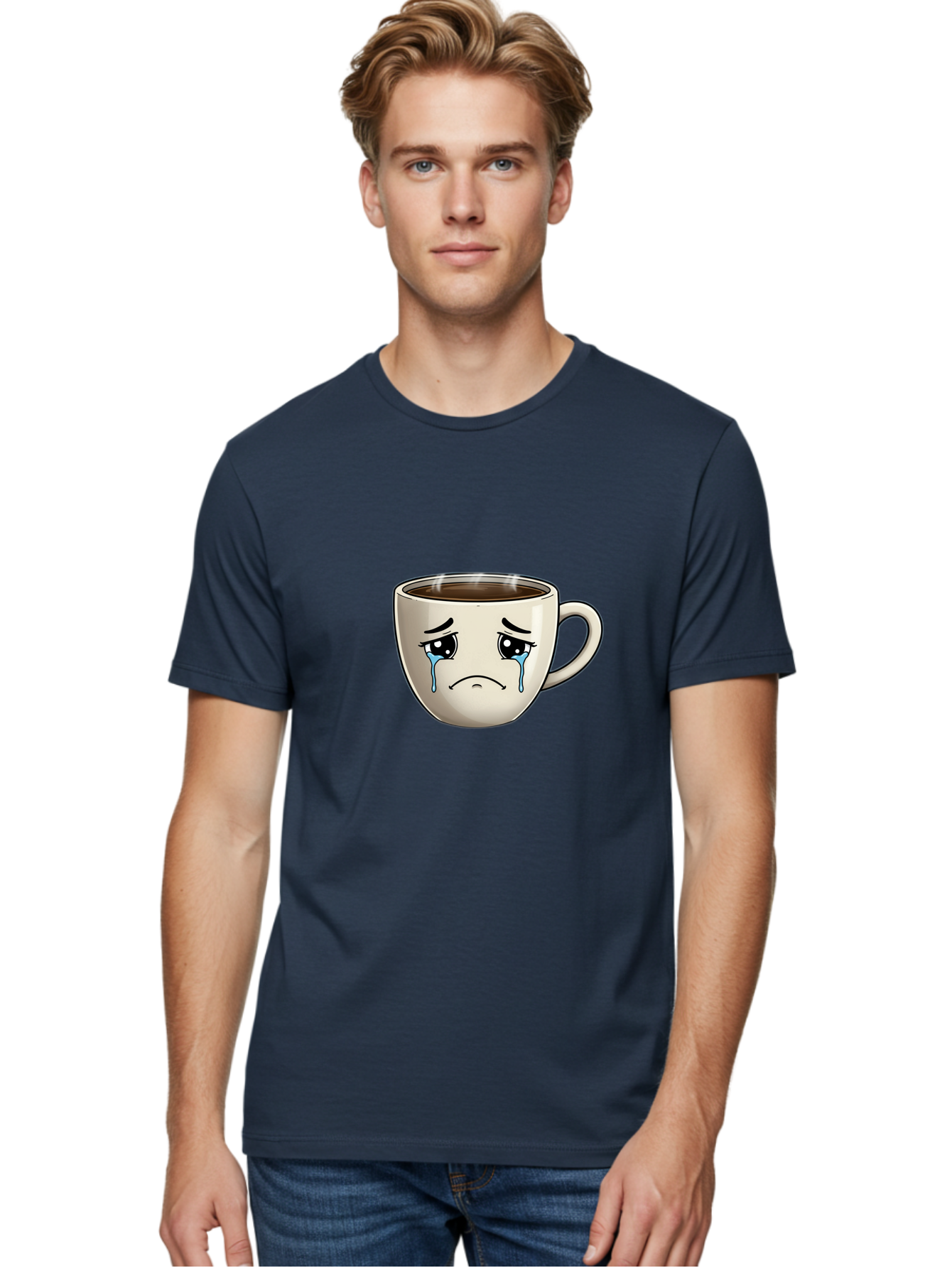 Sad-Coffee-Cup Men'S Graphic Tee, 100% Cotton, Comfortable Casual Summer Wear, Machine Washable, Sad Coffee Cup, Crying Face, Dark Coffee, Steaming Hot, Emotional Expression, Coffee Culture, Sad Face Cartoon, Morning Coffee, Coffee Break Bae733