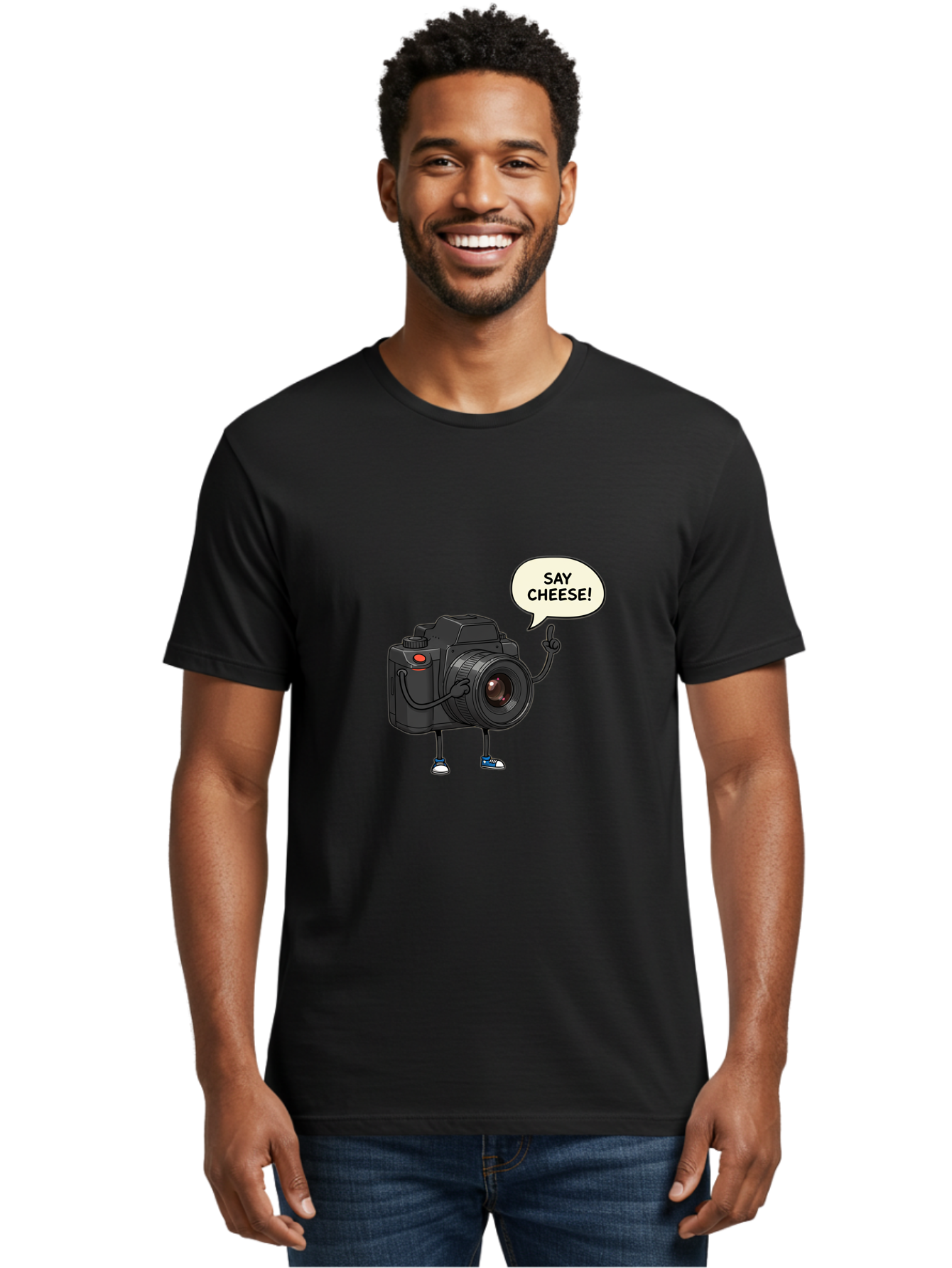 Say-Cheese Men'S Graphic Tee, 100% Cotton, Comfortable Casual Summer Wear, Machine Washable, Cartoon Camera, Funny Character, Photography Humor, Say Cheese!, Camera Character, Comedic Photography, Digital Illustration, Bae734
