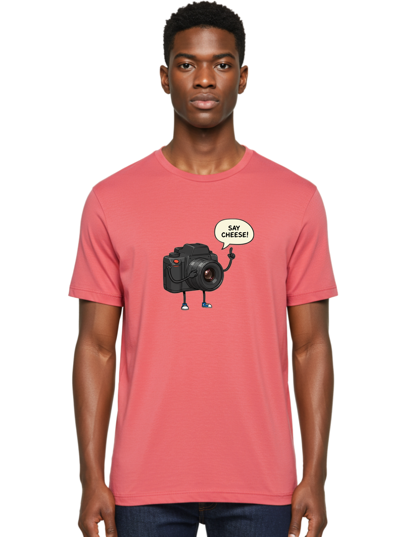 Say-Cheese Men'S Graphic Tee, 100% Cotton, Comfortable Casual Summer Wear, Machine Washable, Cartoon Camera, Funny Character, Photography Humor, Say Cheese!, Camera Character, Comedic Photography, Digital Illustration, Bae734
