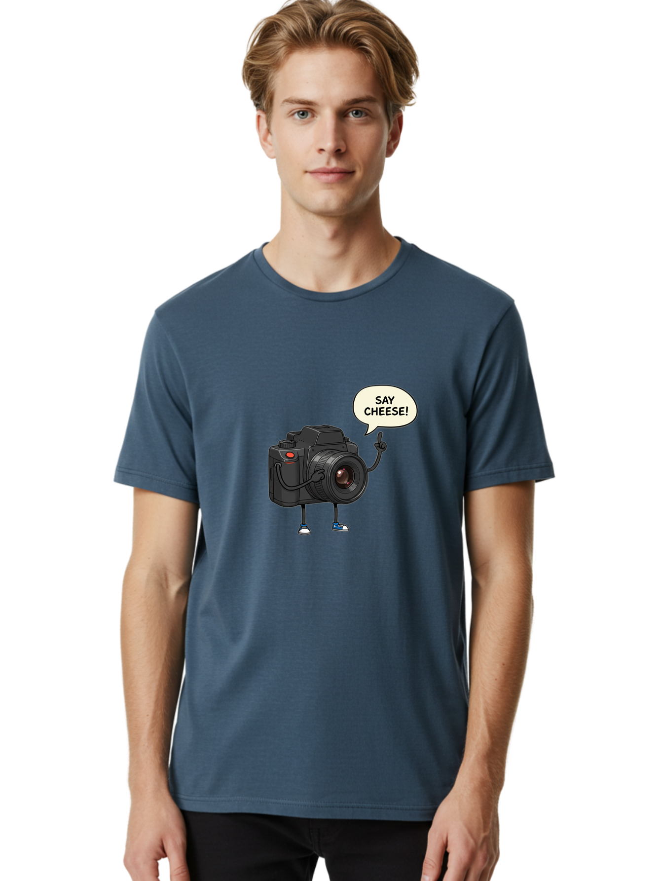 Say-Cheese Men'S Graphic Tee, 100% Cotton, Comfortable Casual Summer Wear, Machine Washable, Cartoon Camera, Funny Character, Photography Humor, Say Cheese!, Camera Character, Comedic Photography, Digital Illustration, Bae734