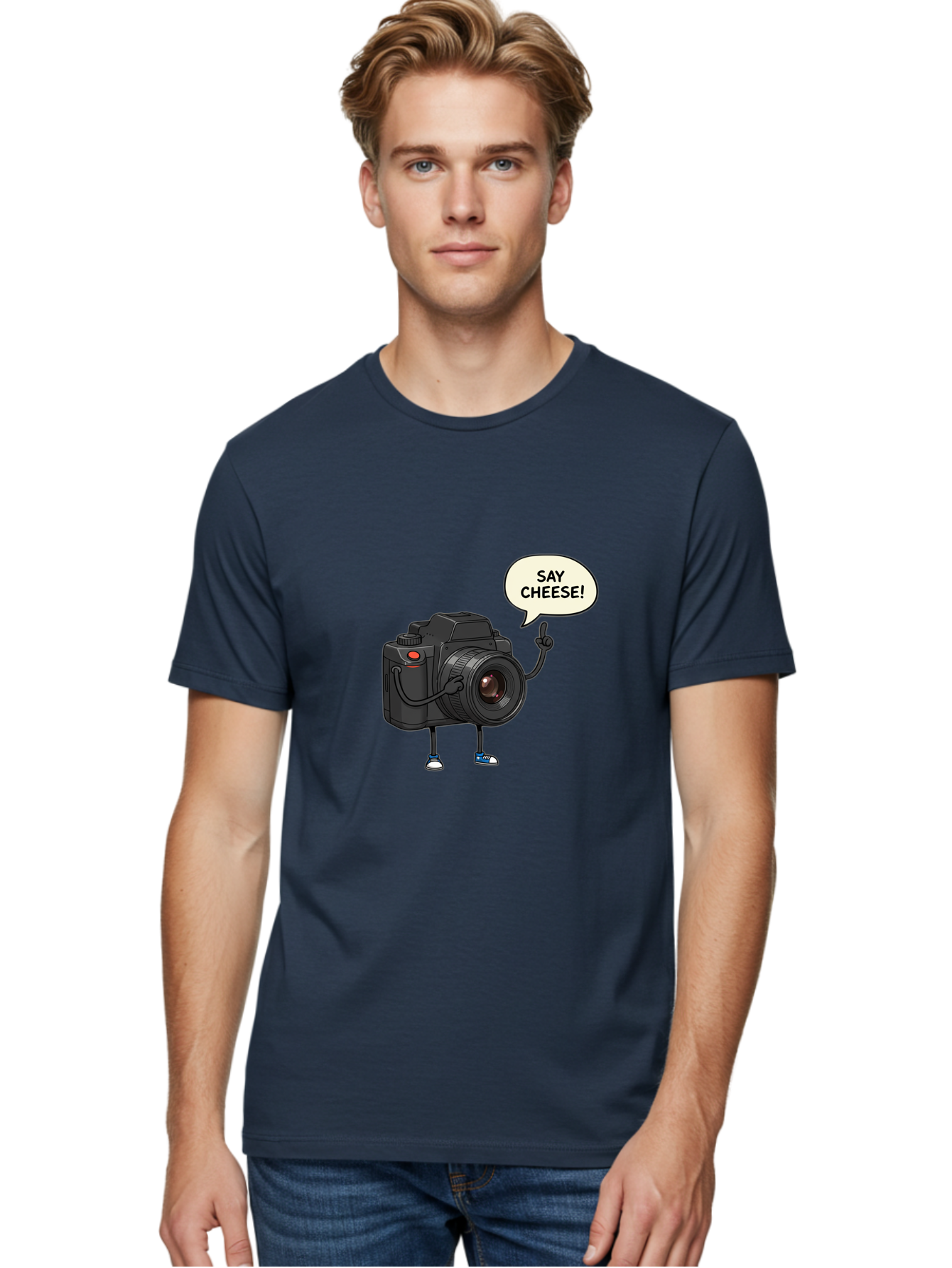 Say-Cheese Men'S Graphic Tee, 100% Cotton, Comfortable Casual Summer Wear, Machine Washable, Cartoon Camera, Funny Character, Photography Humor, Say Cheese!, Camera Character, Comedic Photography, Digital Illustration, Bae734