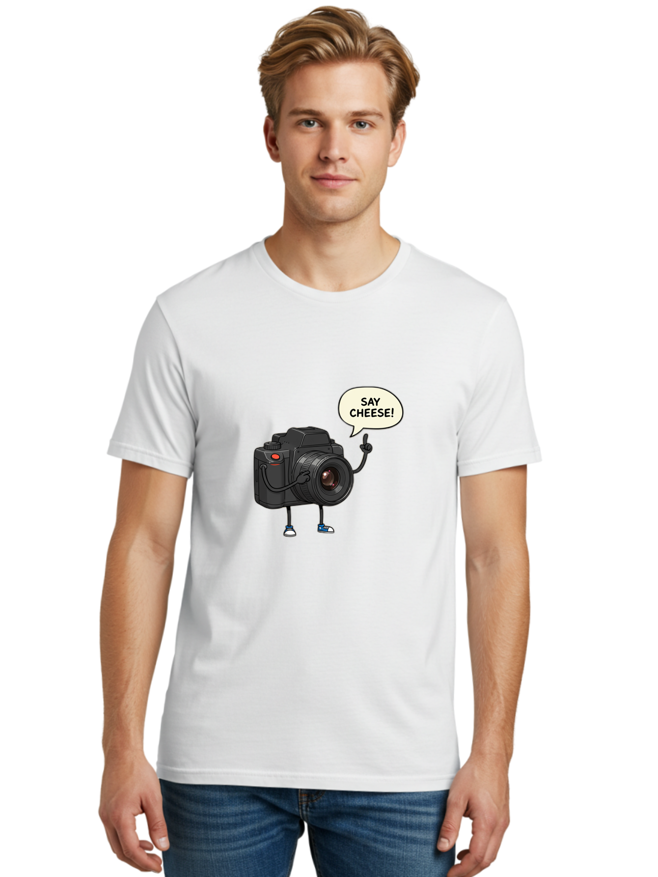 Say-Cheese Men'S Graphic Tee, 100% Cotton, Comfortable Casual Summer Wear, Machine Washable, Cartoon Camera, Funny Character, Photography Humor, Say Cheese!, Camera Character, Comedic Photography, Digital Illustration, Bae734