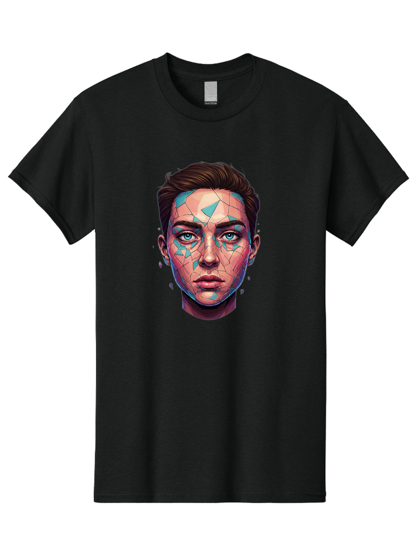 Shards-Portrait Men'S Graphic Tee, 100% Cotton, Comfortable Casual Summer Wear, Machine Washable, Shattered Face, Broken Glass, Blue Shards, Fragmented Identity, Abstract Art, Surrealism, Vibrant Colors, Emotional Distress, Mental Health Bae735