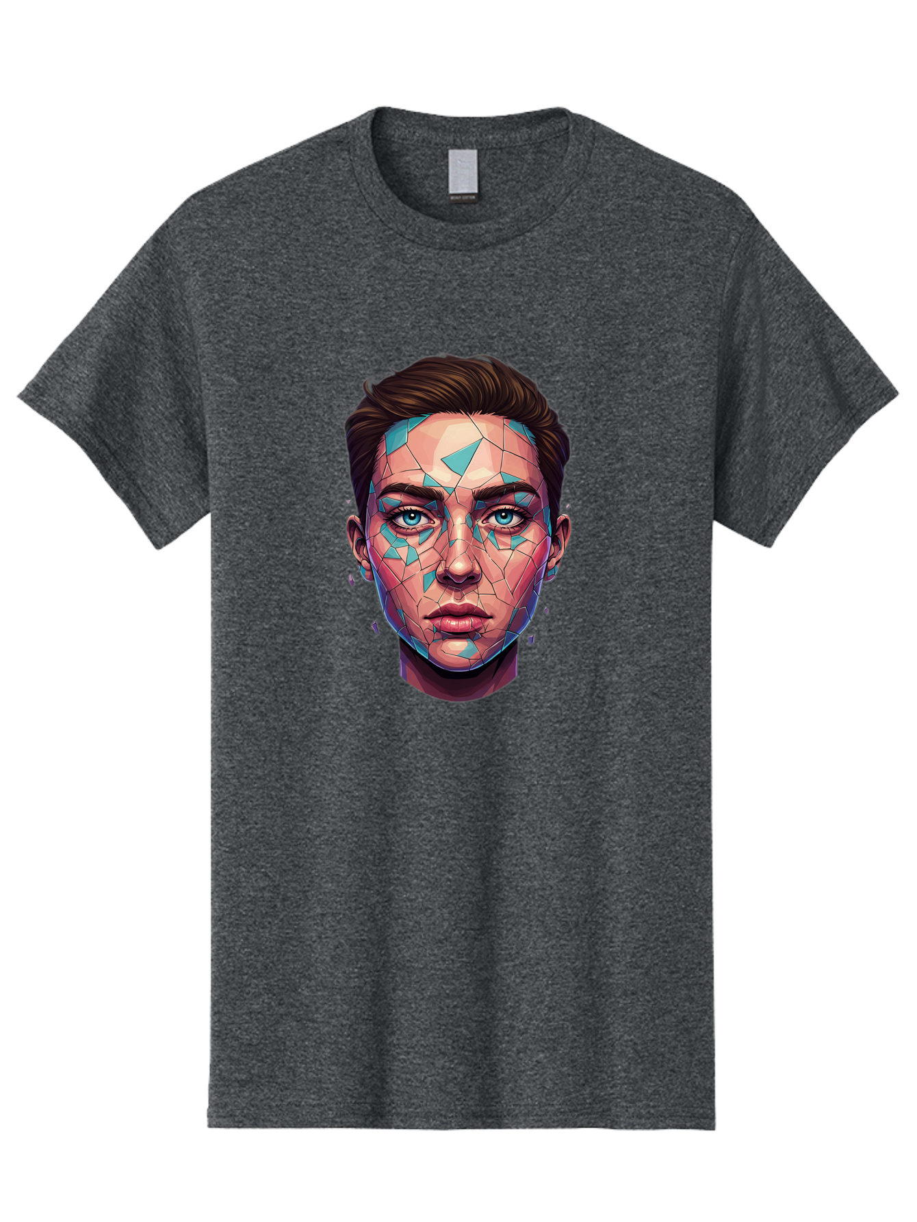 Shards-Portrait Men'S Graphic Tee, 100% Cotton, Comfortable Casual Summer Wear, Machine Washable, Shattered Face, Broken Glass, Blue Shards, Fragmented Identity, Abstract Art, Surrealism, Vibrant Colors, Emotional Distress, Mental Health Bae735