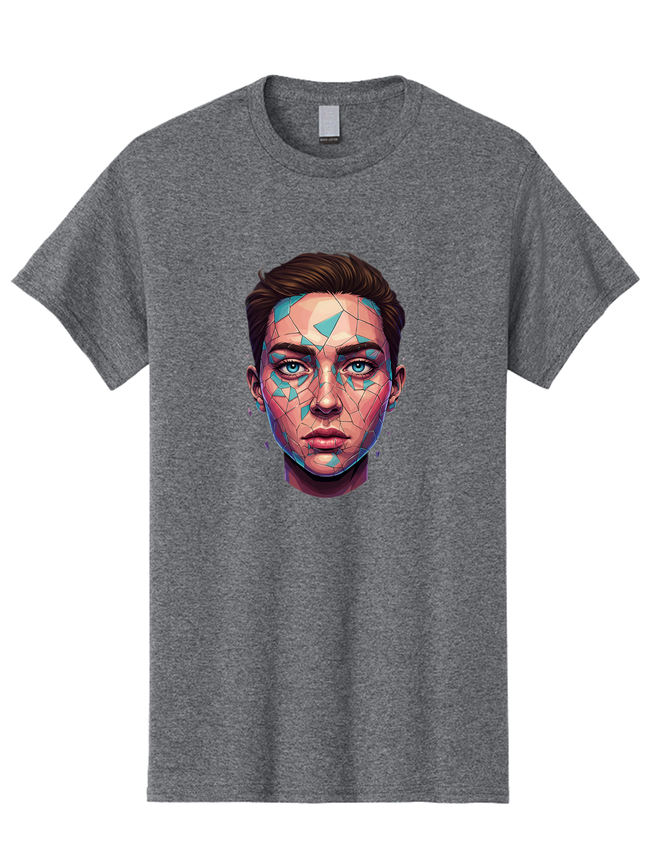 Shards-Portrait Men'S Graphic Tee, 100% Cotton, Comfortable Casual Summer Wear, Machine Washable, Shattered Face, Broken Glass, Blue Shards, Fragmented Identity, Abstract Art, Surrealism, Vibrant Colors, Emotional Distress, Mental Health Bae735