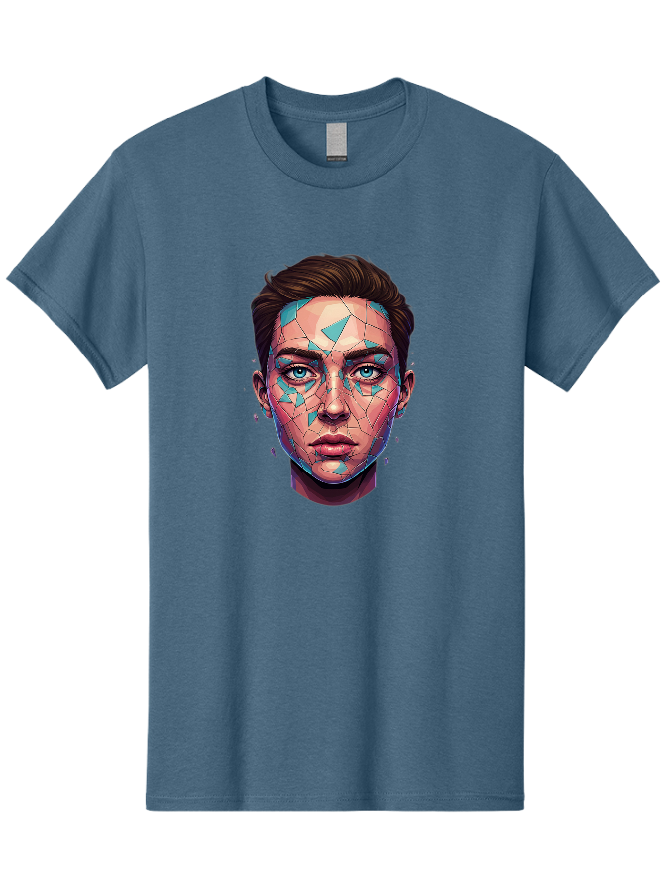 Shards-Portrait Men'S Graphic Tee, 100% Cotton, Comfortable Casual Summer Wear, Machine Washable, Shattered Face, Broken Glass, Blue Shards, Fragmented Identity, Abstract Art, Surrealism, Vibrant Colors, Emotional Distress, Mental Health Bae735