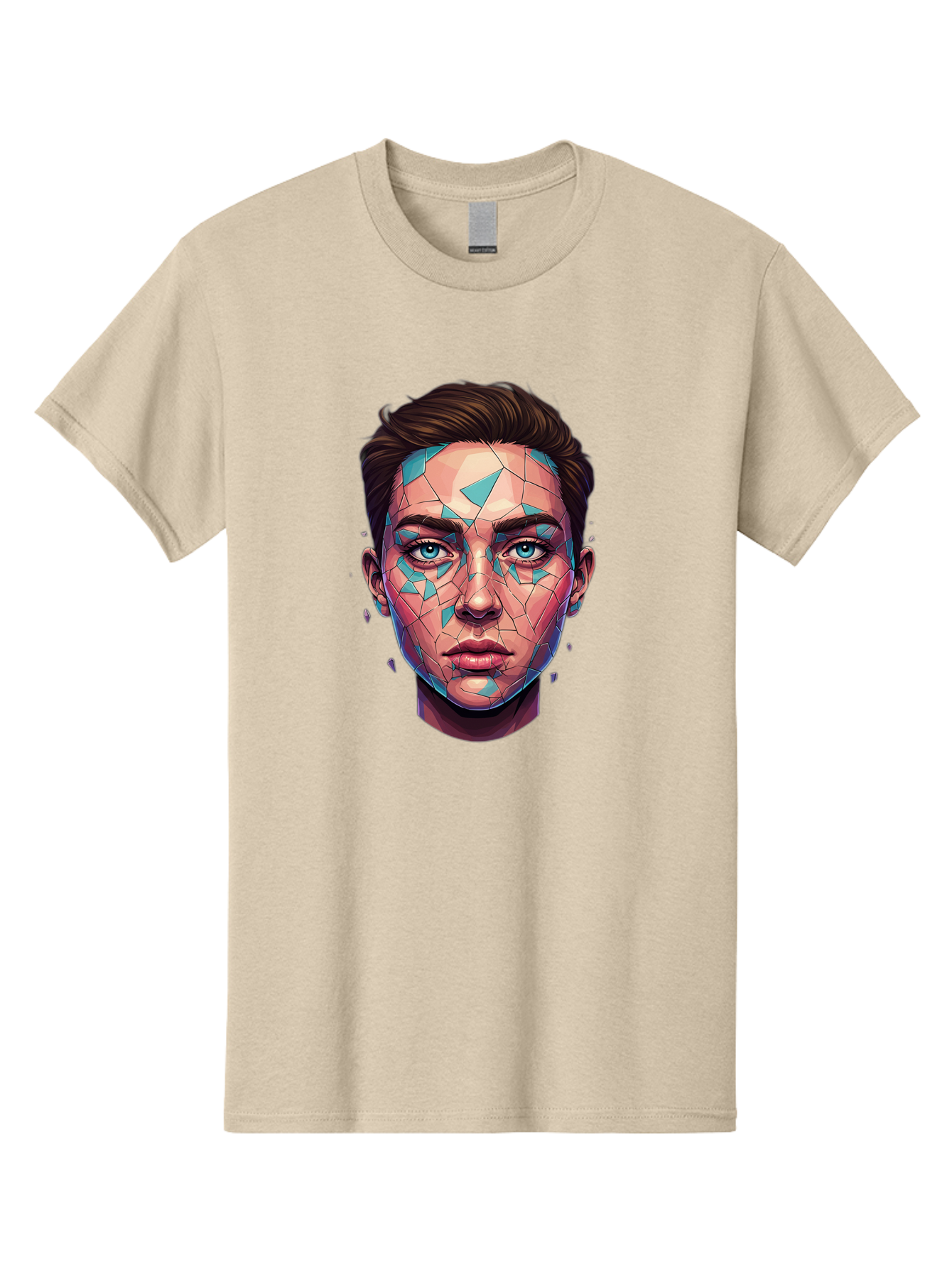 Shards-Portrait Men'S Graphic Tee, 100% Cotton, Comfortable Casual Summer Wear, Machine Washable, Shattered Face, Broken Glass, Blue Shards, Fragmented Identity, Abstract Art, Surrealism, Vibrant Colors, Emotional Distress, Mental Health Bae735