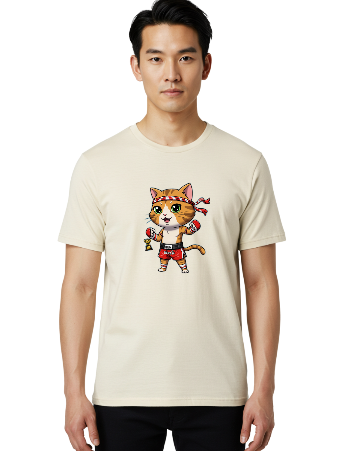 Siamese-Cat Men'S Graphic Tee, 100% Cotton, Comfortable Casual Summer Wear, Machine Washable, Boxing Cat, Cartoon Character, Martial Arts, Funny Animal, Red Boxing Gloves, Dilon Text, Black Belt, Playful Kitty, Adorable Feline, Cartoon Humor Bae736