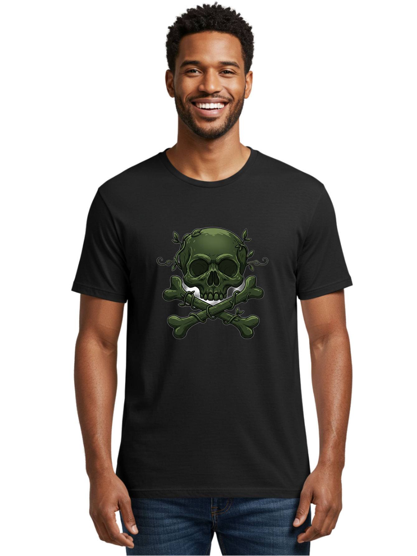 Skull-And-Crossbones-1 Men'S Graphic Tee, 100% Cotton, Comfortable Casual Summer Wear, Machine Washable, Skull And Crossbones, Pirate Symbol, Dark Art, Gothic Design, Skull With Vines, Crossbones With Leaves, Edgy Aesthetic, Grunge Style, Bae737