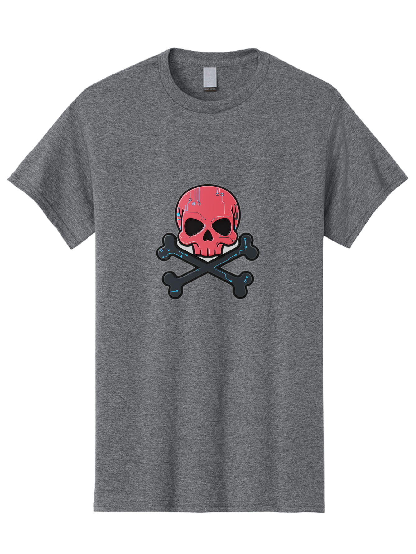 Skull-And-Crossbones-2 Men'S Graphic Tee, 100% Cotton, Comfortable Casual Summer Wear, Machine Washable, Futuristic Skull, Crossbones, Cyberpunk Design, Electronic Circuits, Red Skull, Black Bones, Sci-Fi Elements, Tech-Inspired Art, Bae738