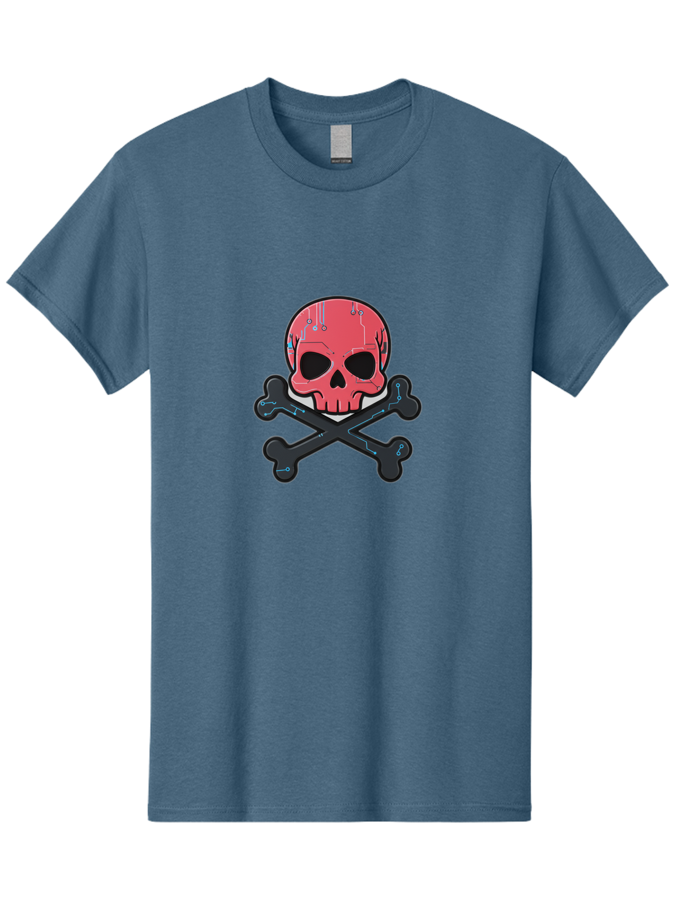 Skull-And-Crossbones-2 Men'S Graphic Tee, 100% Cotton, Comfortable Casual Summer Wear, Machine Washable, Futuristic Skull, Crossbones, Cyberpunk Design, Electronic Circuits, Red Skull, Black Bones, Sci-Fi Elements, Tech-Inspired Art, Bae738