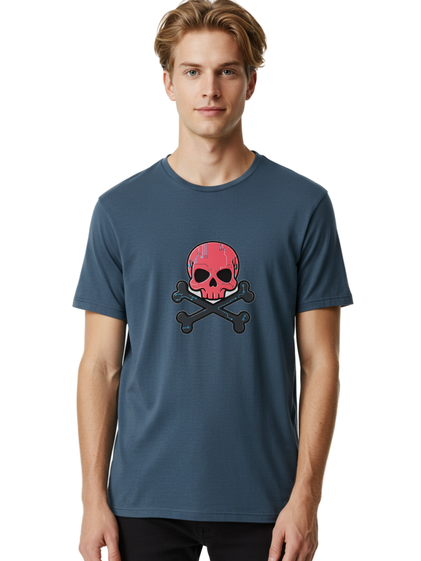 Skull-And-Crossbones-2 Men'S Graphic Tee, 100% Cotton, Comfortable Casual Summer Wear, Machine Washable, Futuristic Skull, Crossbones, Cyberpunk Design, Electronic Circuits, Red Skull, Black Bones, Sci-Fi Elements, Tech-Inspired Art, Bae738