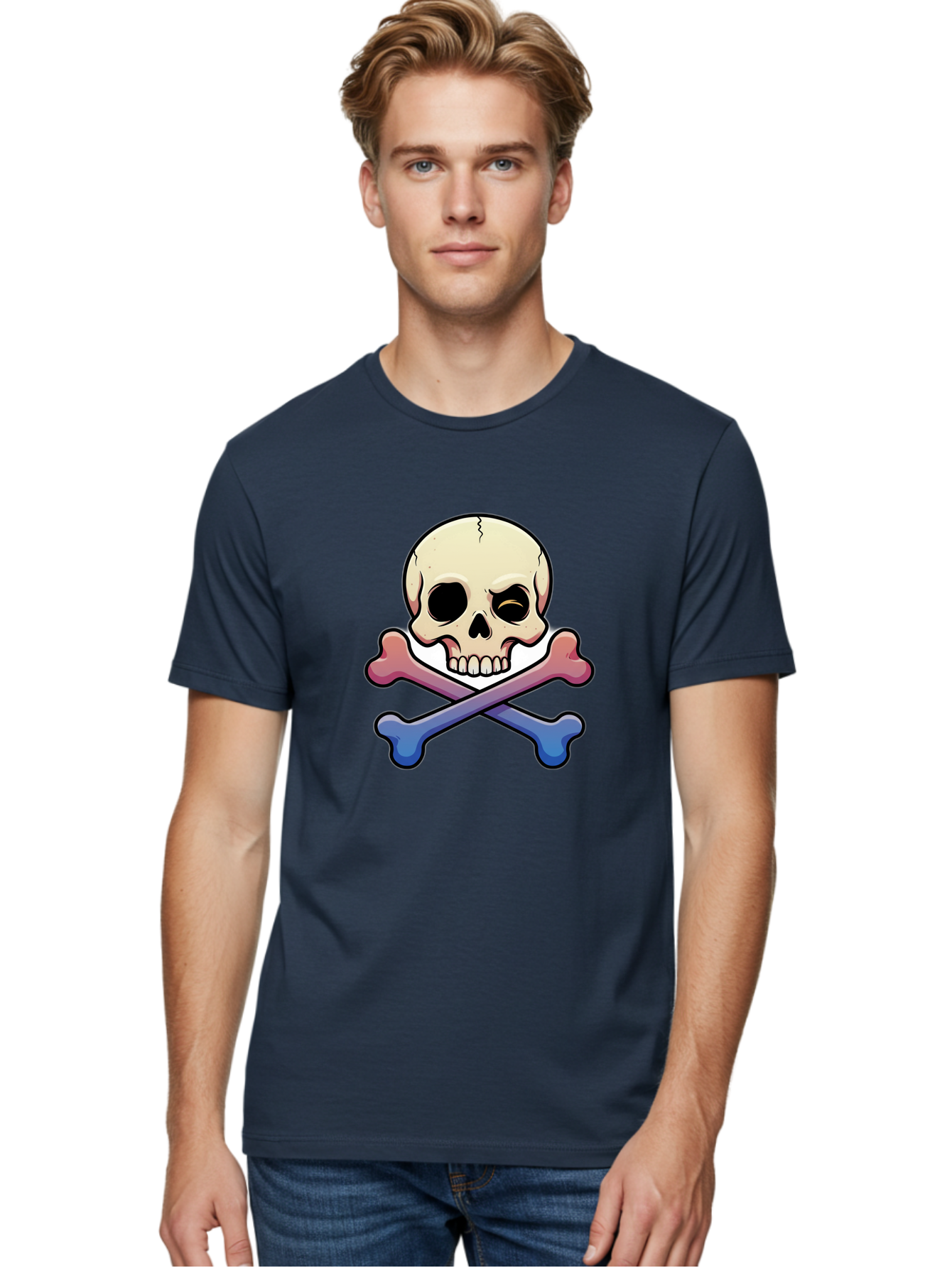 Skull-And-Crossbones Men'S Graphic Tee, 100% Cotton, Comfortable Casual Summer Wear, Machine Washable, Crossed Bones, Human Skull, Poison Symbol, Warning Sign, Cartoon Icon, Grunge Style, Death Symbol, Hazard Warning, Danger Sign, Bae739