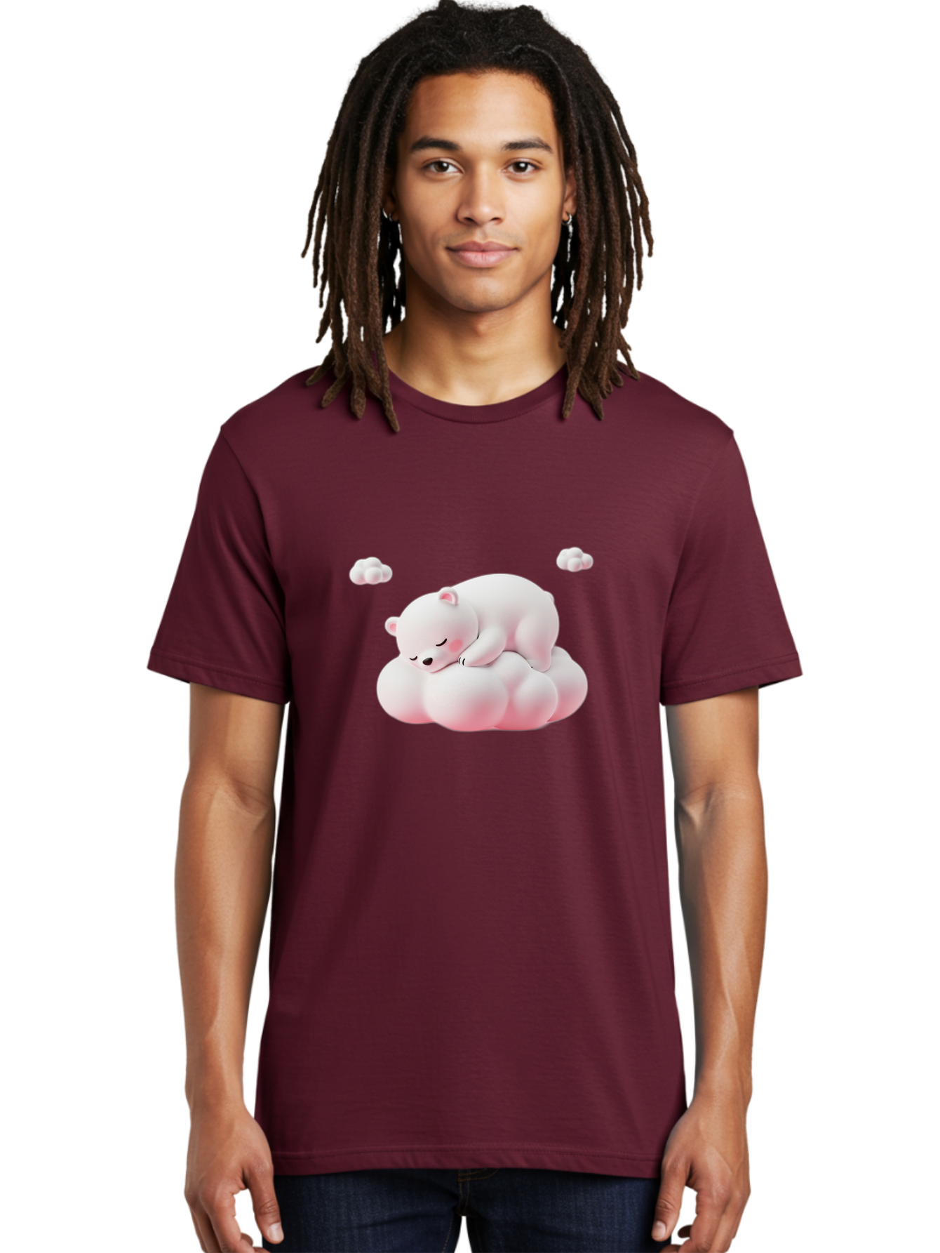 Sleeping-Polar-Bear-1 Men'S Graphic Tee, 100% Cotton, Comfortable Casual Summer Wear, Machine Washable, Sleeping Polar Bear, Cute Cartoon Animal, Peaceful Slumber, Fluffy White Bear, Serene Atmosphere, Adorable Illustration, Soft Pink Clouds, Bae740