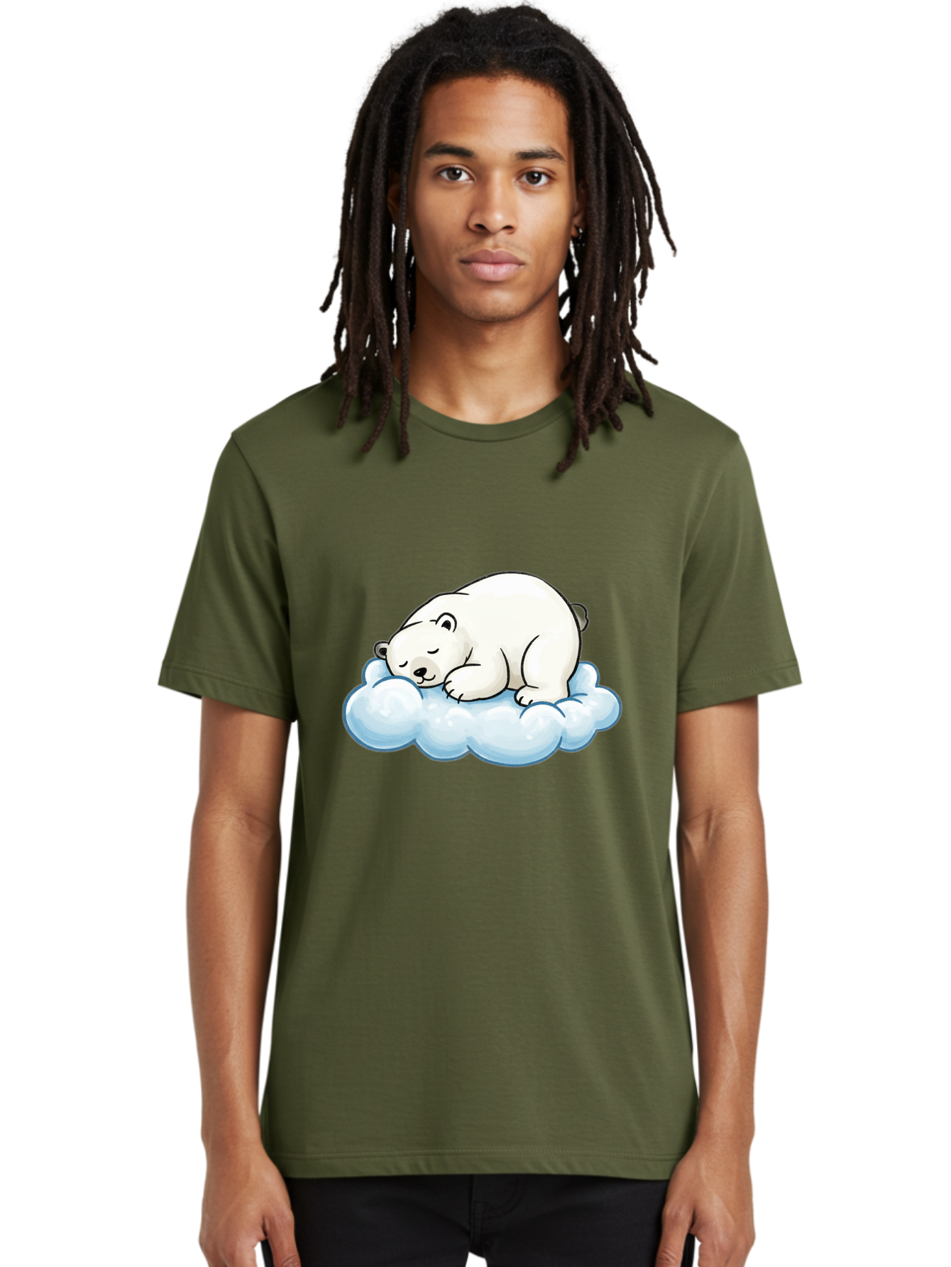 Sleeping-Polar-Bear-10 Men'S Graphic Tee, 100% Cotton, Comfortable Casual Summer Wear, Machine Washable, Sleeping Polar Bear, Cute Cartoon Character, White Fur, Fluffy Cloud, Peaceful Slumber, Adorable Illustration, Dreamy Atmosphere, Bae741