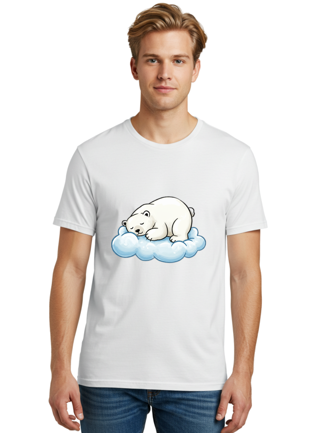 Sleeping-Polar-Bear-10 Men'S Graphic Tee, 100% Cotton, Comfortable Casual Summer Wear, Machine Washable, Sleeping Polar Bear, Cute Cartoon Character, White Fur, Fluffy Cloud, Peaceful Slumber, Adorable Illustration, Dreamy Atmosphere, Bae741